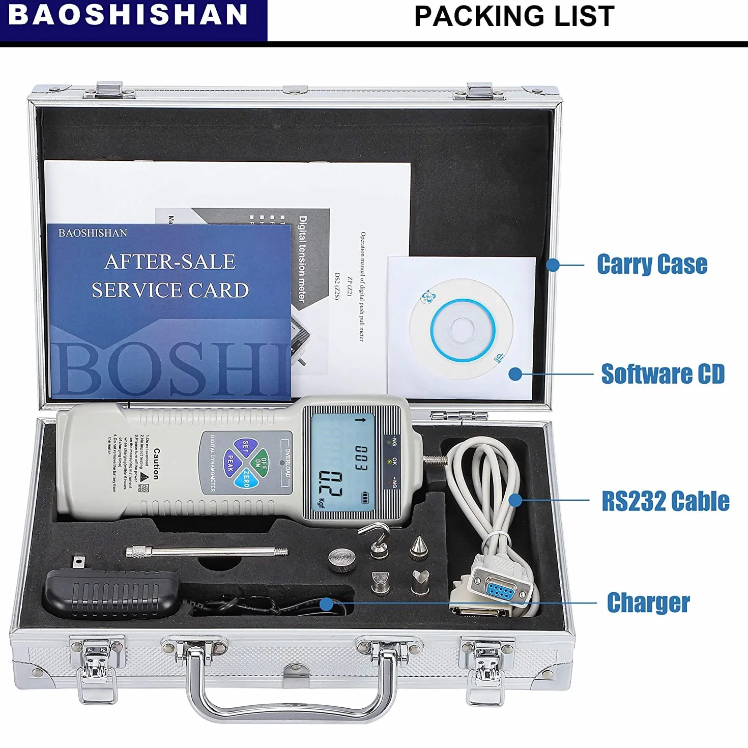 BAOSHISHAN Medidor de fuerza digital Probador de dispositivo de medición push-pull con interfaz USB-RS232 Instrumentos de medición de fuerza LCD (1000N)