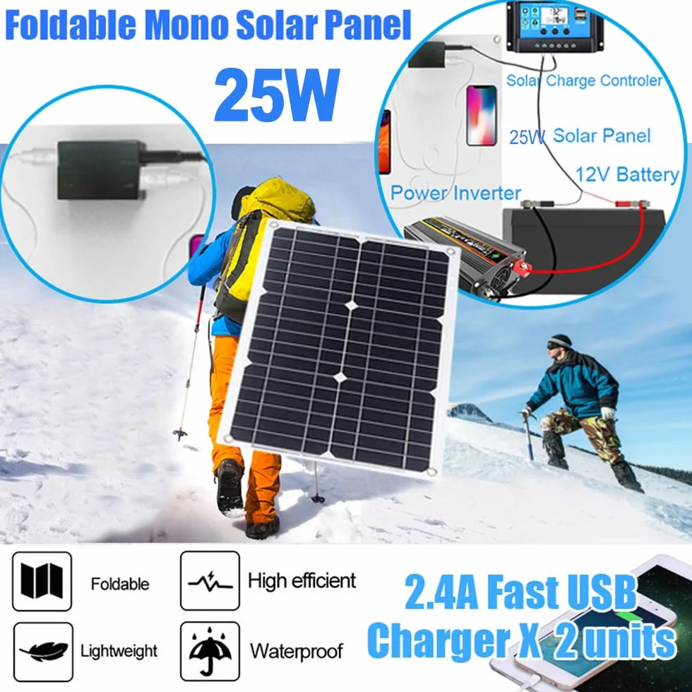Sistema de generación de energía solar Panel solar USB dual de 25 W + inversor de corriente de 6000 W CC 12 V a CA 110 V/220 V con pantalla LCD inteligente Puertos de cargador USB duales controlador