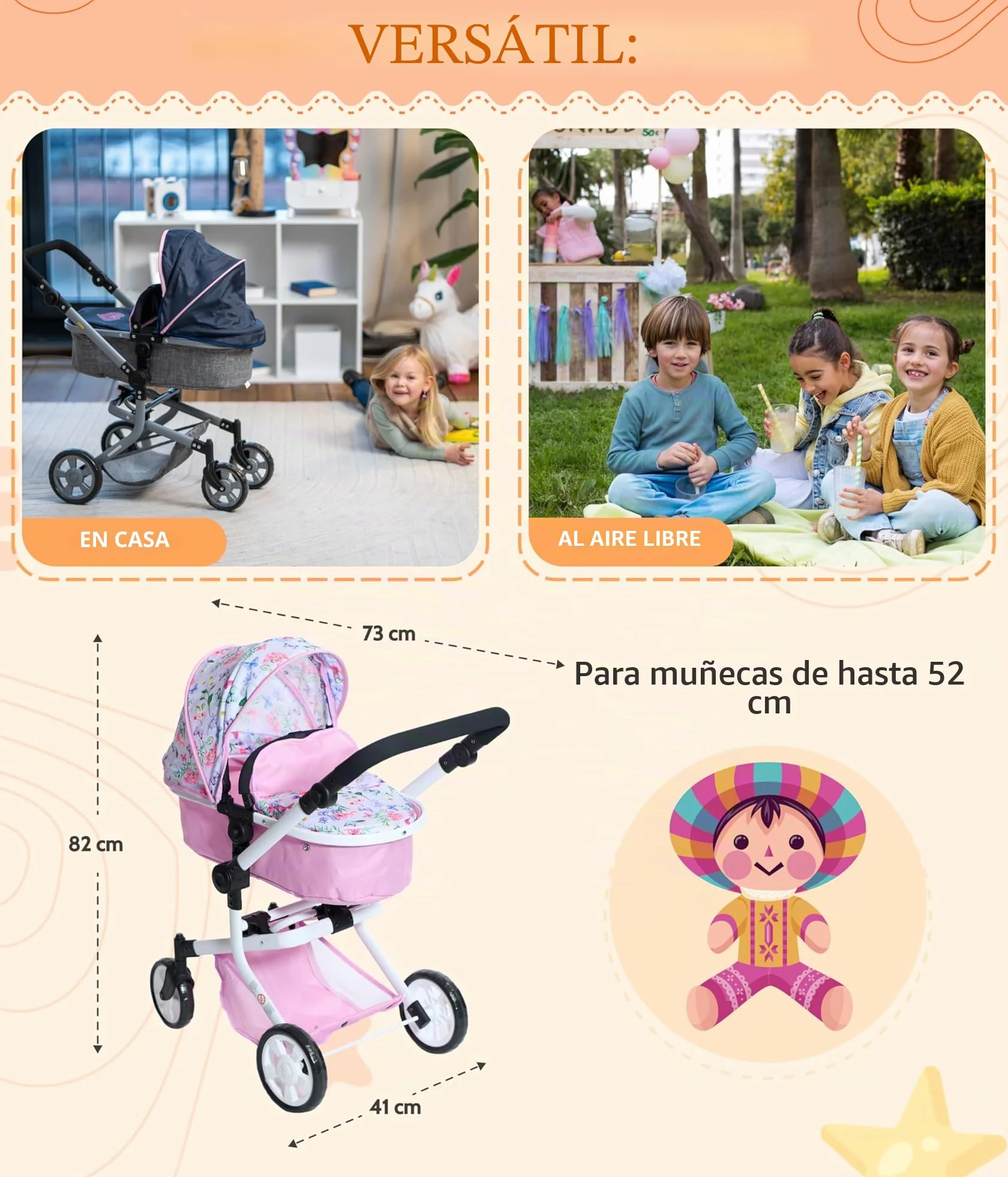 Bayer Chic 2000 Cochecito de muñecas Mika 2 en 1 para muñecas de hasta 52 cm Rosa