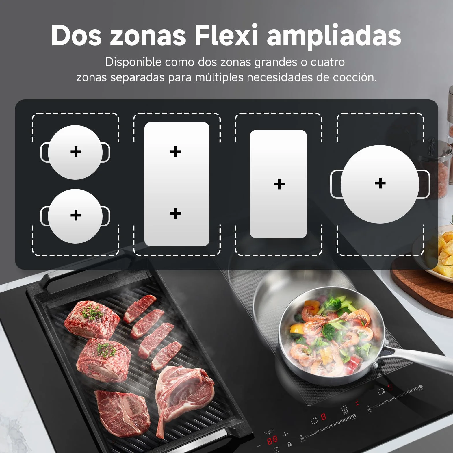 AMZCHEF placa inducción 4 zonas flexibles 7400W 42dB silencioso 9 niveles BBQ