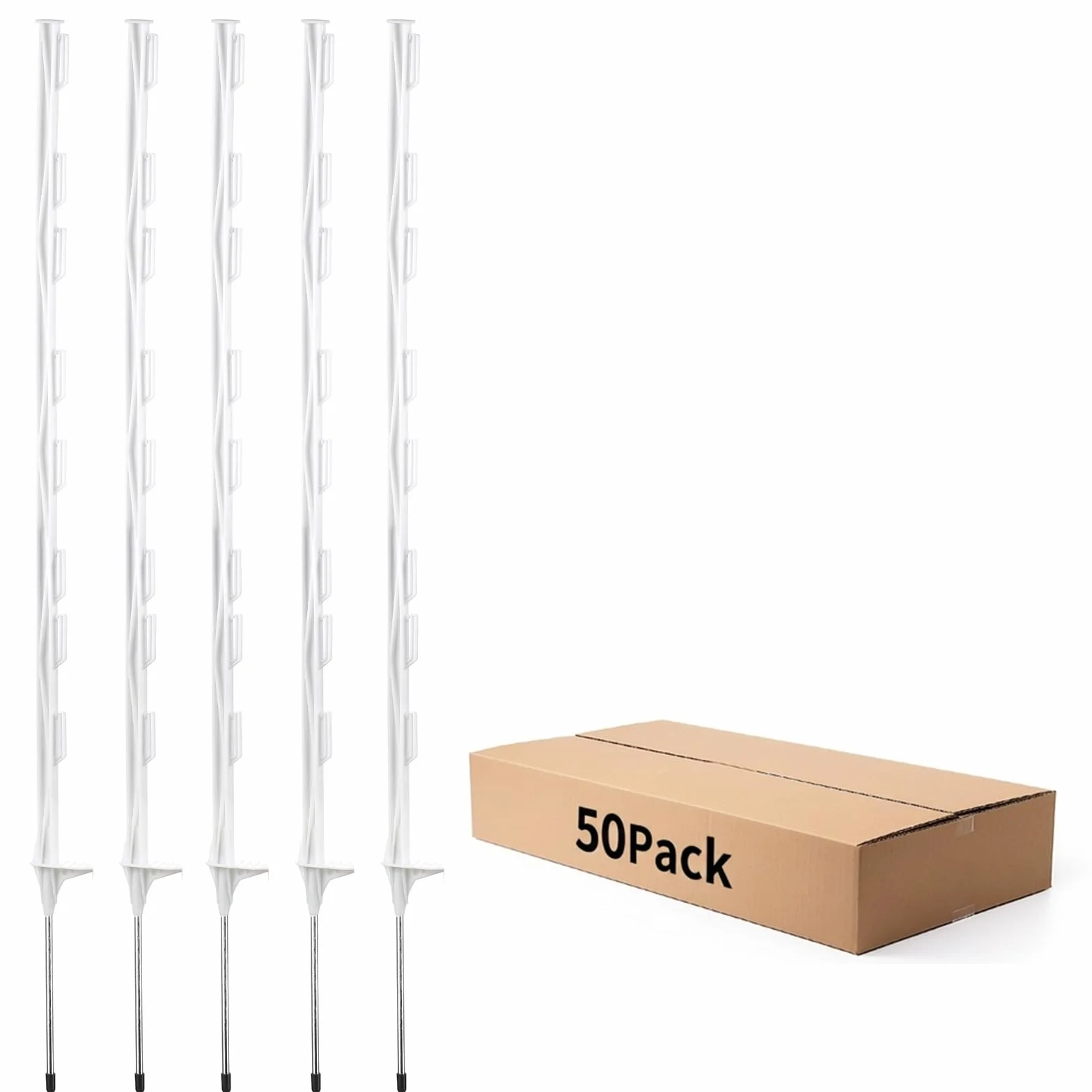 50 Postes de Valla Eléctrica de Plástico, Postes Portátiles para Valla de Jardín con Ojales para Cintas, Cuerdas, Hilos o Alambres, Longitud Total 122 cm, Blanco