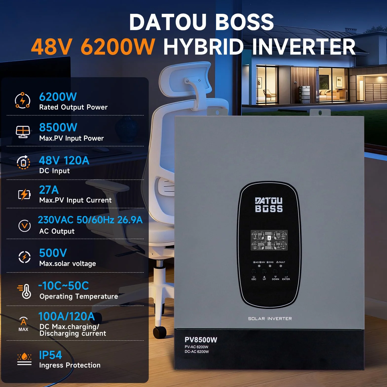 DATOUBOSS 6200W Inversor Híbrido Solar, Onda Sinusoidal Pura 48V a 230V, Controlador de Carga MPPT 120A, Uso Fuera de Red, Compatible con Baterías de Iones de Iitio, para Caravana y Sistemas Solares.