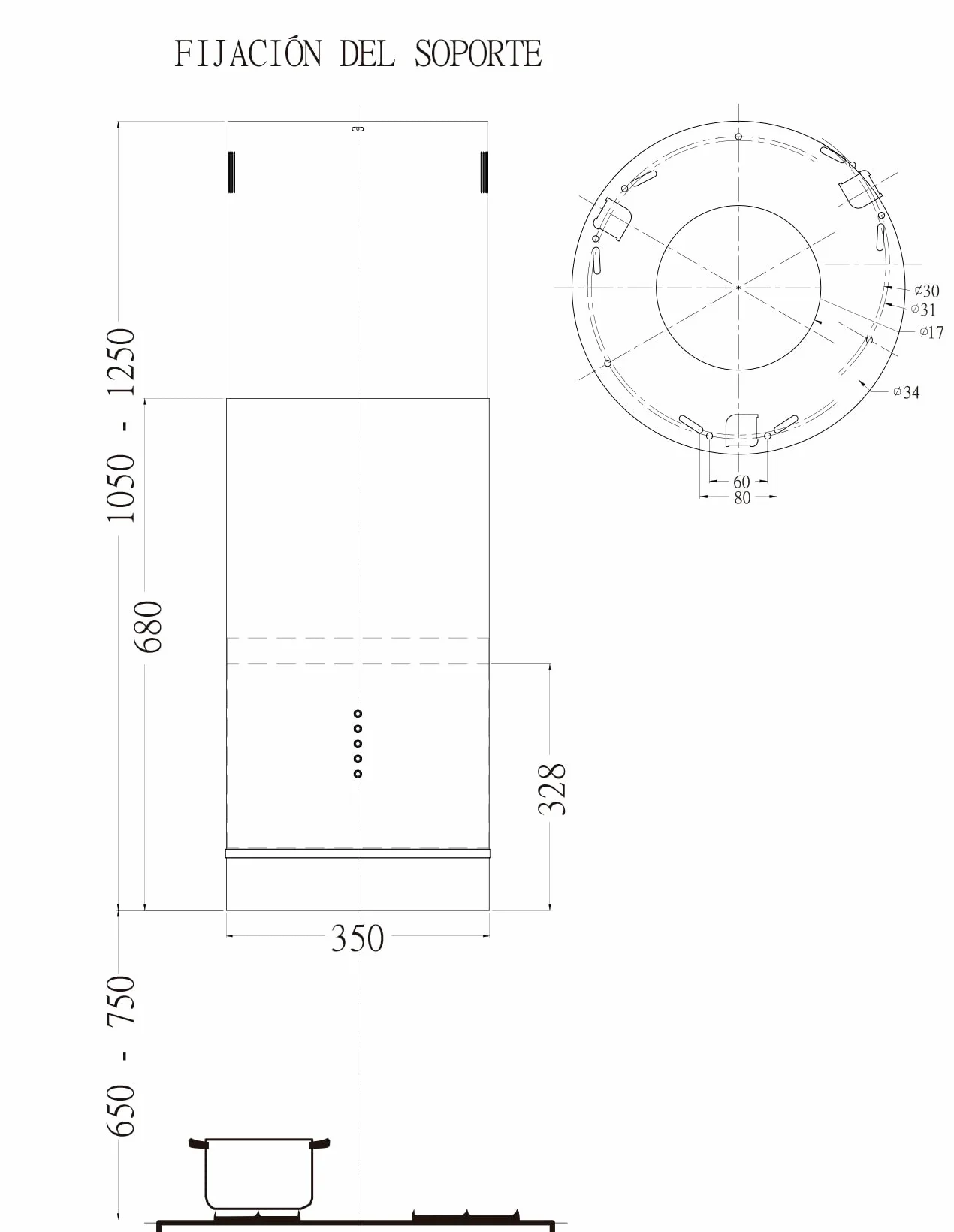 INFINITON CMPY-IST9A Campana de isla Inox 145W 720m³/h 3 velocidades Filtro aluminio 3 capas acero LED 35cm A+