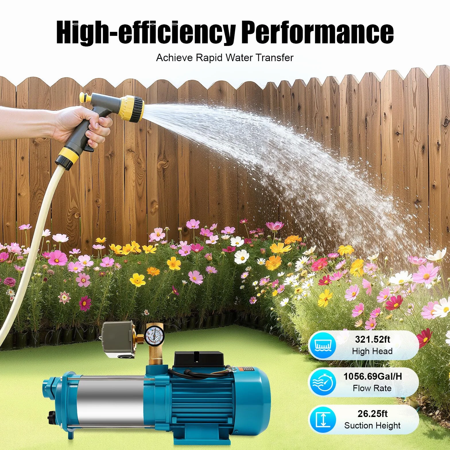 Bomba de jardín autocebante, 230 V, 1300 W, bomba centrífuga con interruptor de presión, 4000 L/H, 9,8 bar, bomba de agua doméstica, bomba de agua, 35 ℃, temperatura máxima del agua para plantas de