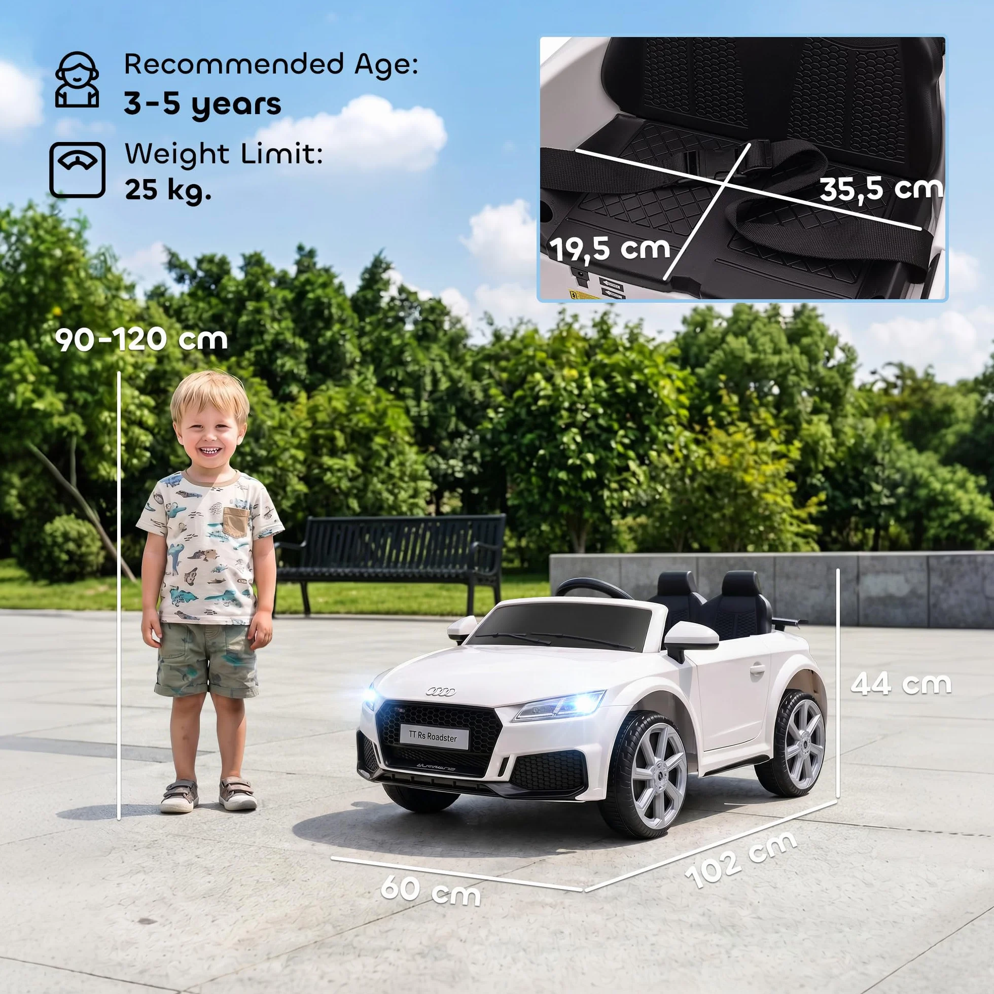HOMCOM Coche Eléctrico Infantil Audi TT 12V 3 km/h con Mando a Distancia 102x60x44 cm Blanco