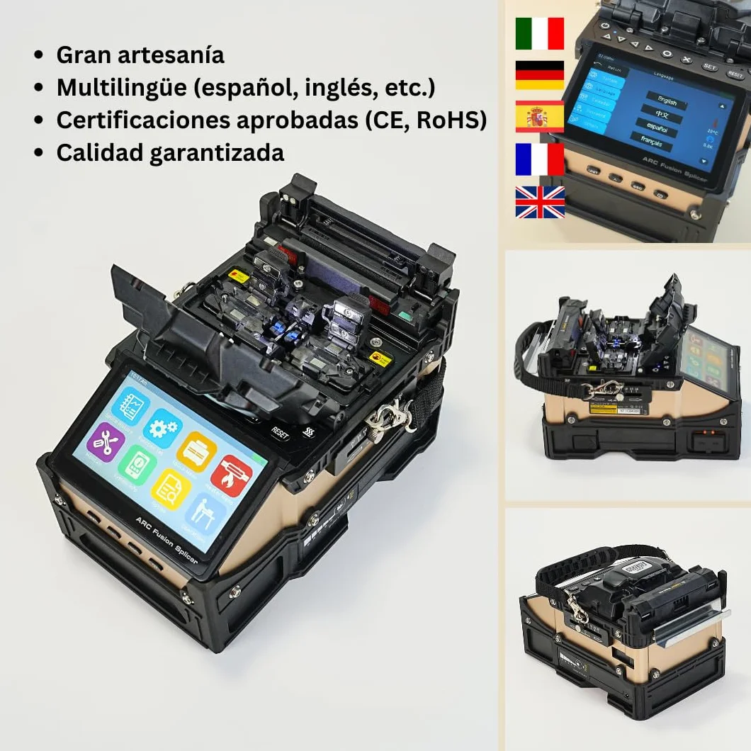 SD-9 Fusion Splicer Empalmadora de Fibra Optica con OPM y VFL Rápida 5s de Empalme y 11s de Calentamiento, fusionadora Core Alignment 6 Motores con Batería 7200mAh para Proyectos FTTx FTTH