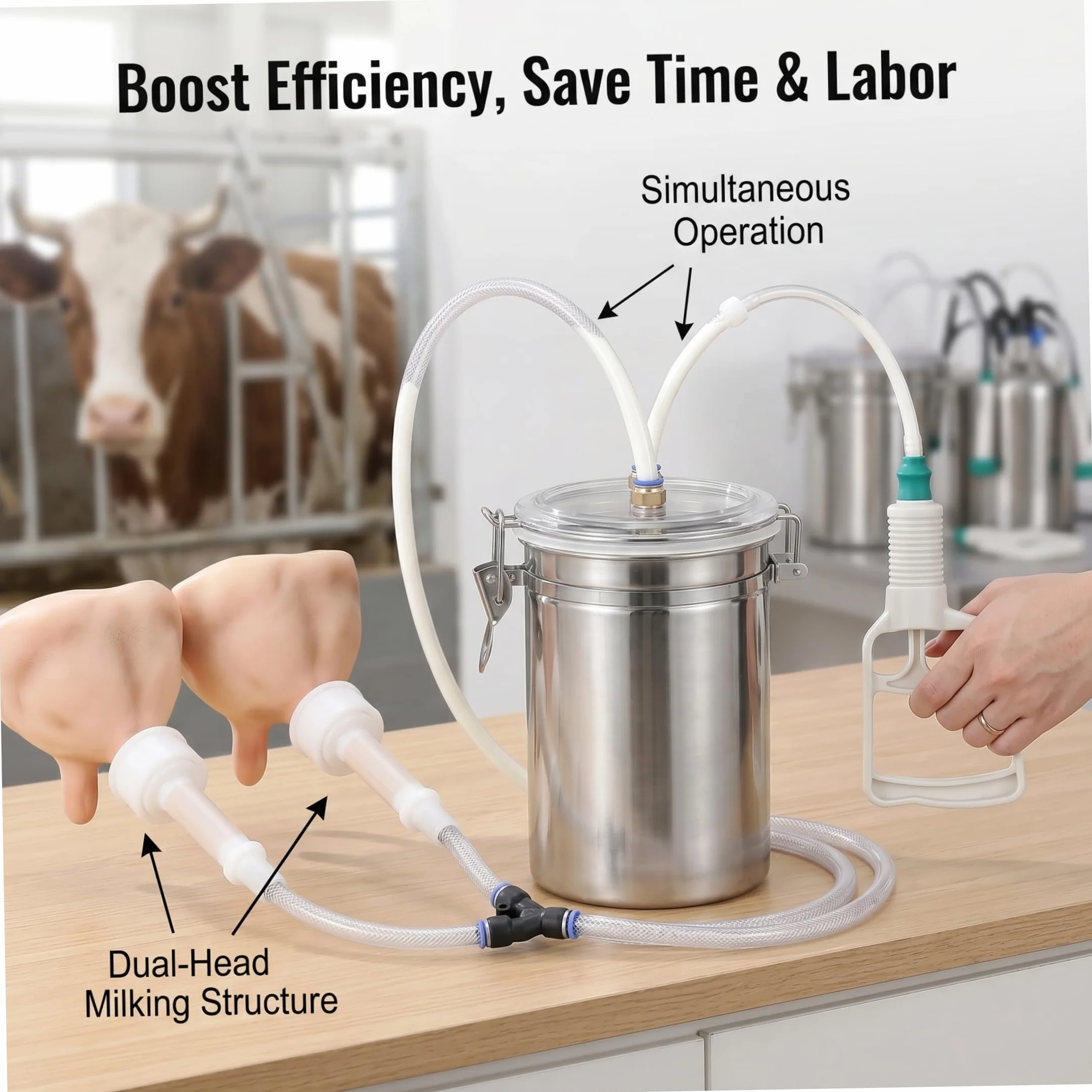 Máquina de ordeño, máquina de ordeño manual para cabras, diseño de doble cabezal, cubo de acero inoxidable de 2 litros, de portátil con bomba manual, para cabras, vacas y