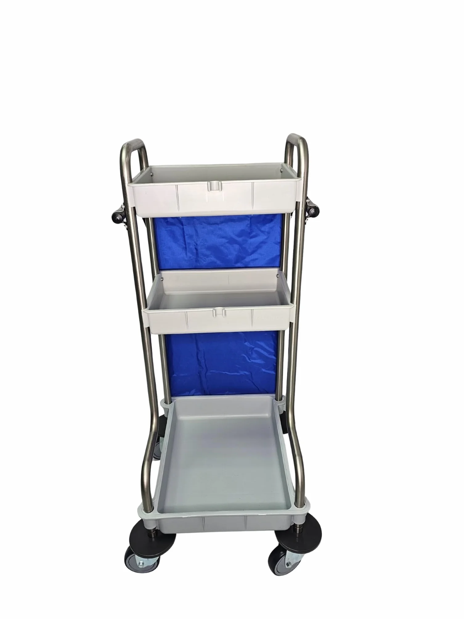 Carro de Limpieza Profesional Acero INOX 18/8 con 3 ESTANTES de Polipropileno, Ruedas de 100mm con Protector y Bolsa de 70L