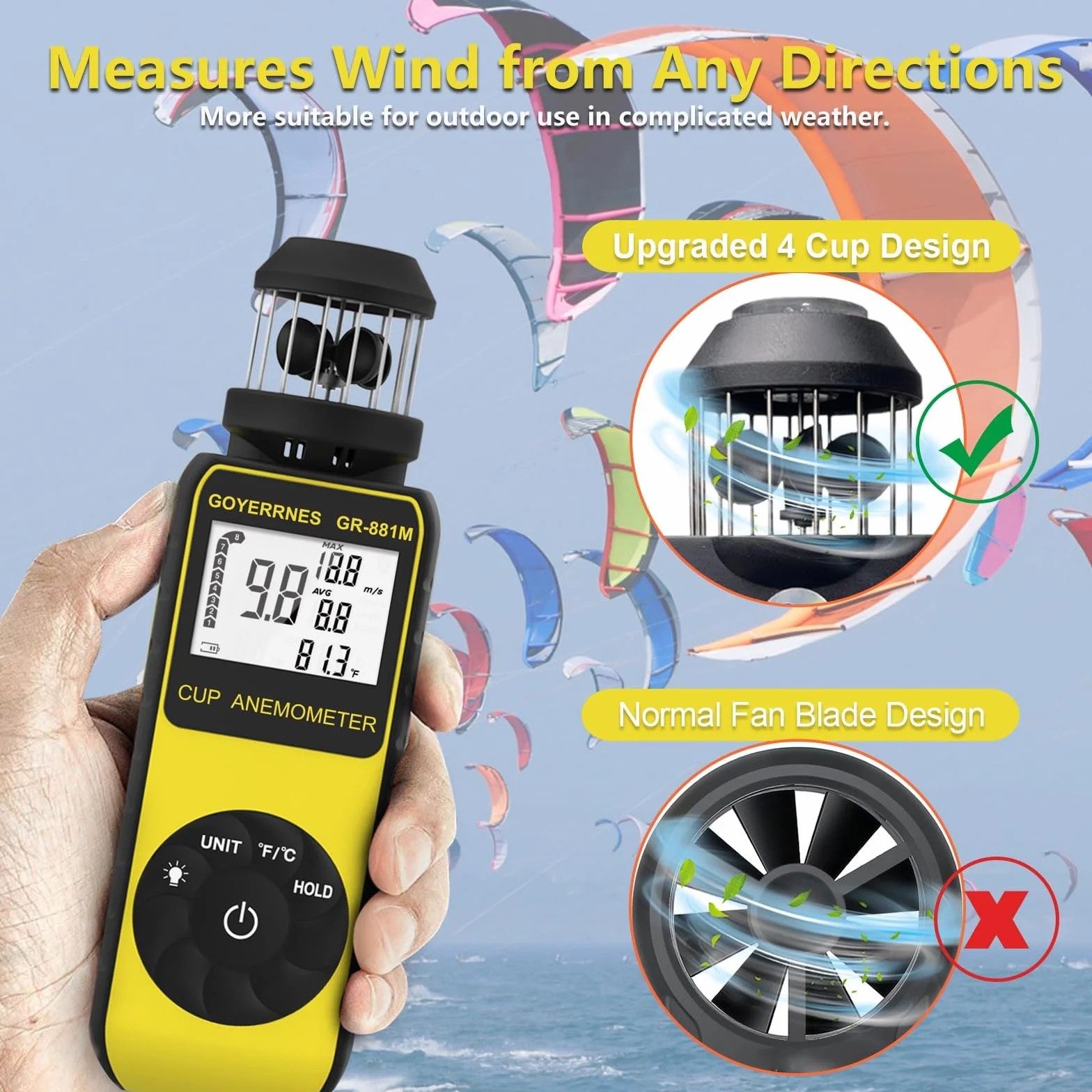 Anemómetro Digital Portátil GR-881M con Brújula Medir Velocidad del Viento Temperatura Volumen de Aire