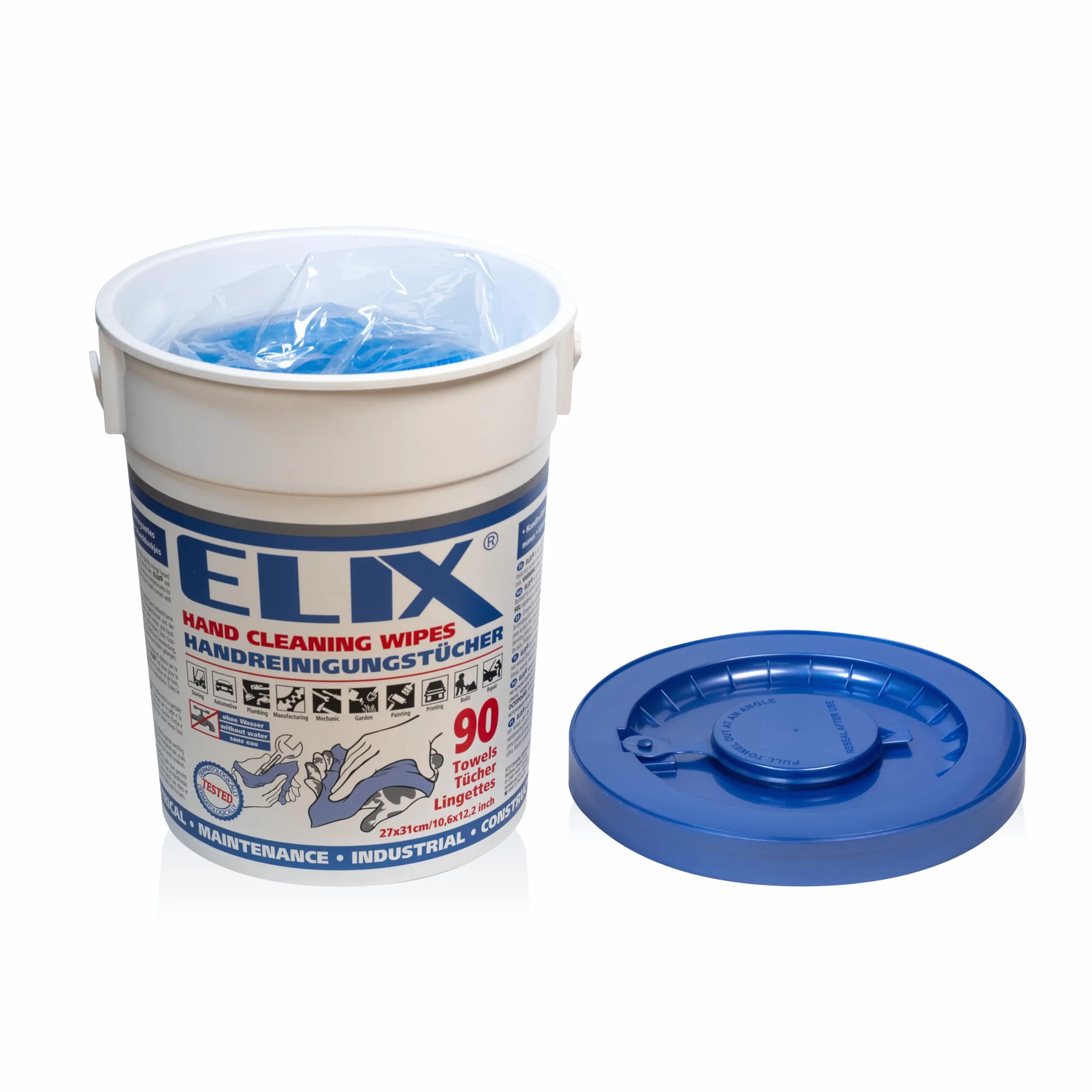 ELIX Toallitas Limpiamanos - 6 * 90 uds. en Cubo Estable con Tapa - Lado Abrasivo y Liso - Tamaño 31 * 27cm - Toallitas Limpiamanos Húmedas - Limpian las Manos sin Agua ni Jabón - Azul