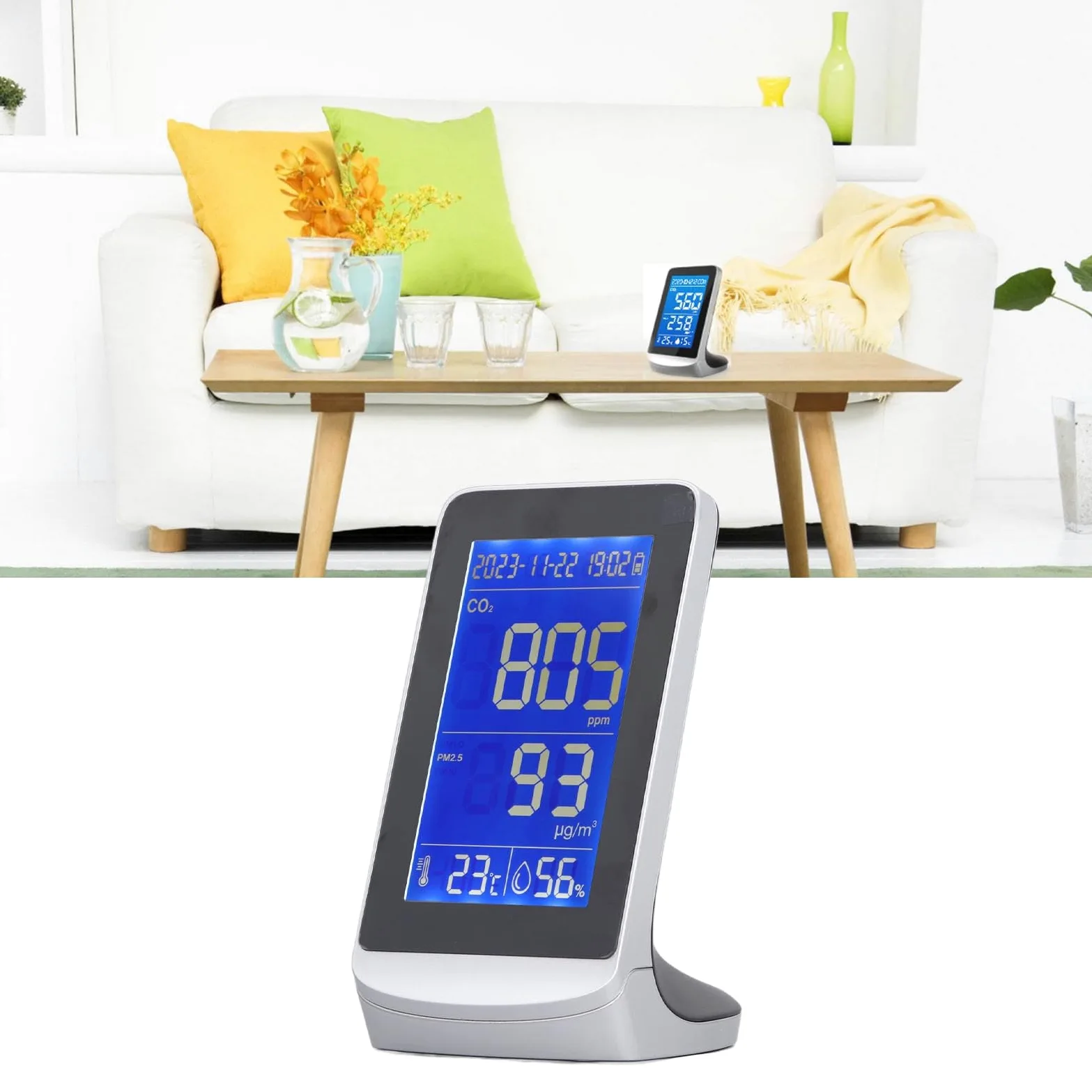 Monitor de calidad del aire con sensor infrarrojo NDIR, detector de partículas PM2.5/PM10, medidor de temperatura y humedad con batería de 3000 mAh para espacios