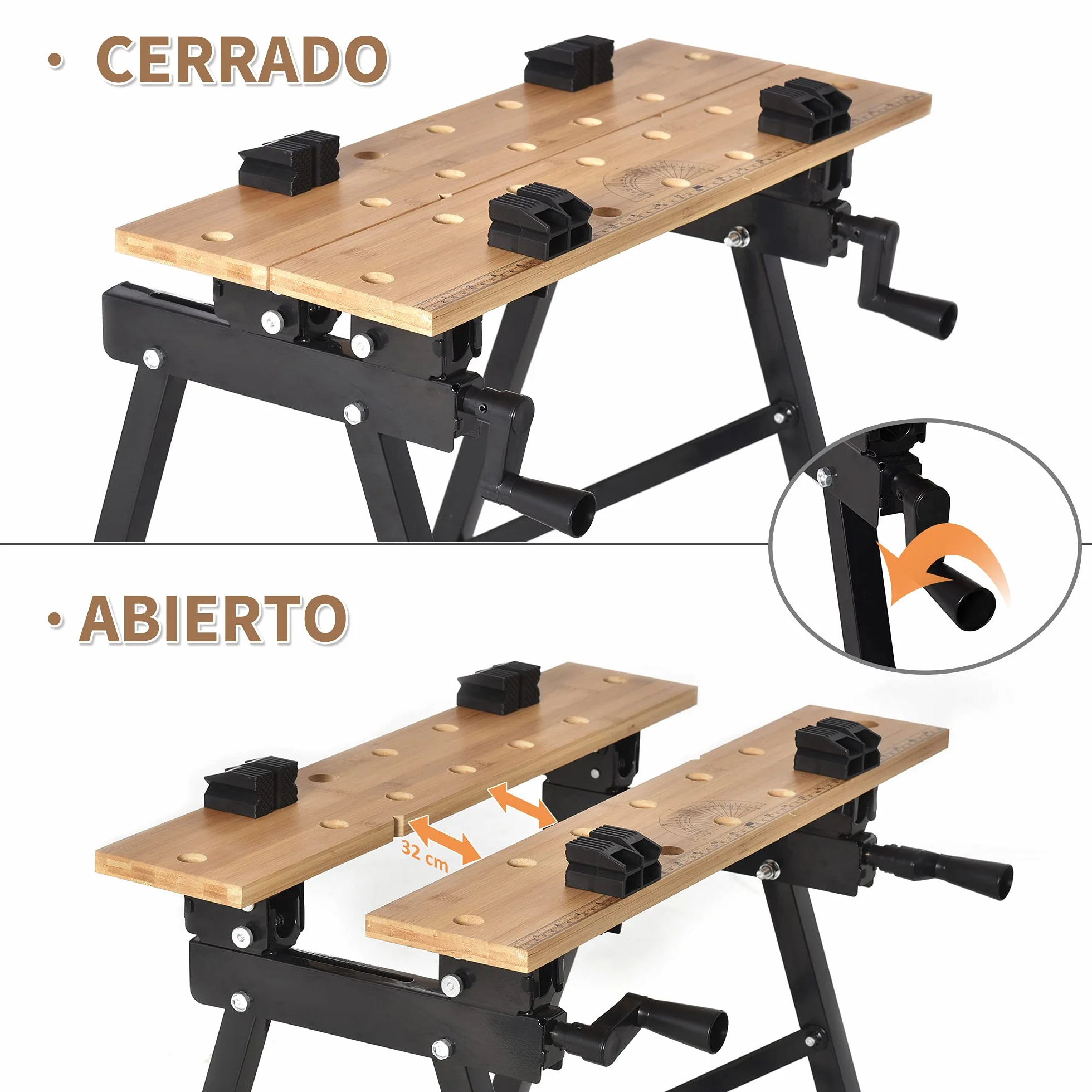 HOMCOM Plegable Banco de Trabajo Bambú Acero 150 kg 63,5x60,5x78 cm