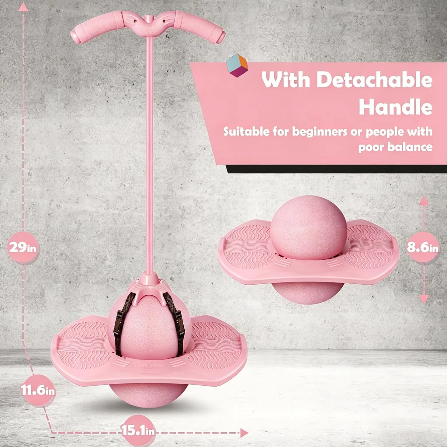 Pelota saltarina de equilibrio para niños con barra, juguete exterior rosa