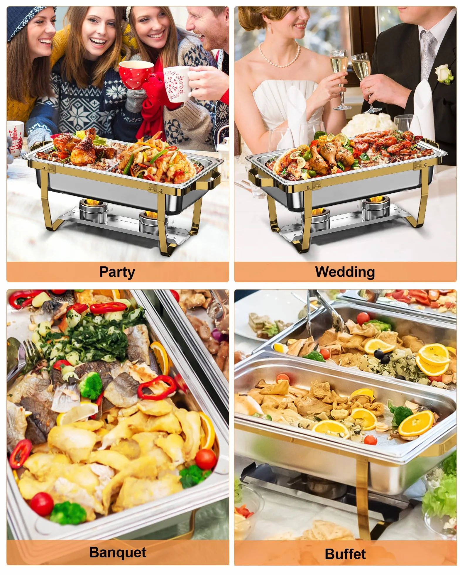 Chafing Dish Buffet Set 9L Acero Inoxidable Oro Plata Acabado Espejo Borde Enrollado Calentador Alimentos Catering