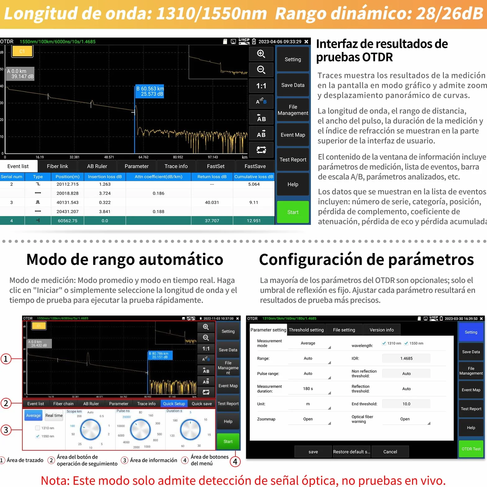 Henkion Probador de Fibra Óptica OTDR RSO-5510 1310/1550nm 28/26dB, Alcance 150km, Probador CCTV IPC/TVI/CVI/AHD/CVBS, Conectores FC/UPC SC St LC, OPM OLS LS VFL con Mapa de Eventos