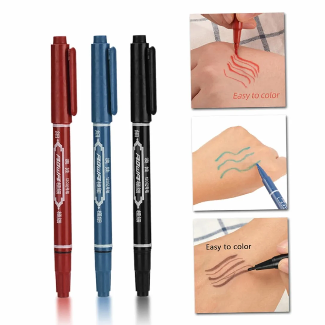 Marcador de Tatuaje Bolígrafo Impermeable Doble Cabeza 3pcs 5.39 Pulgadas