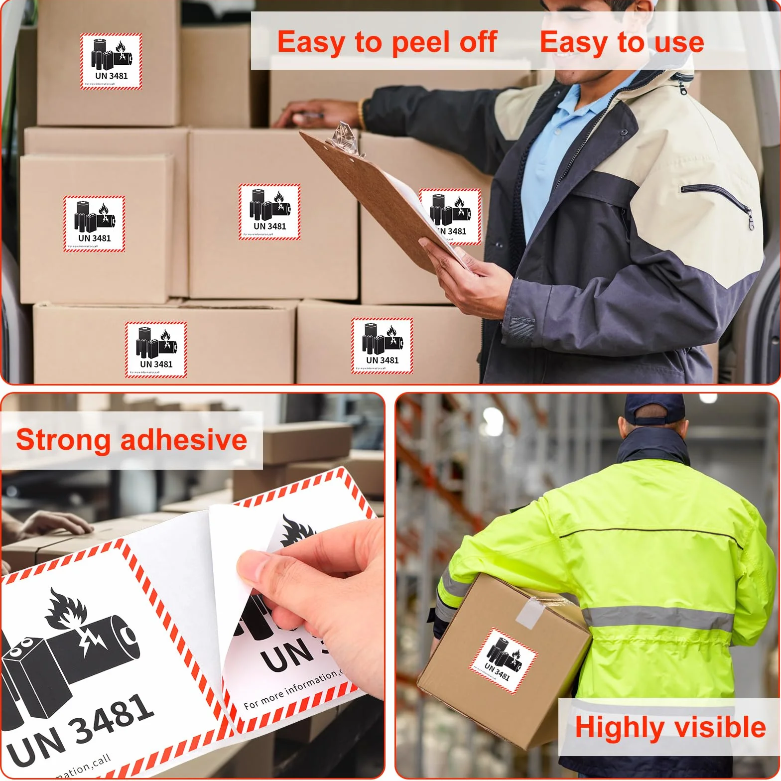 Etiquetas de Precaución para Baterías Iones Litio UN3481 12x11cm, 100 Uds