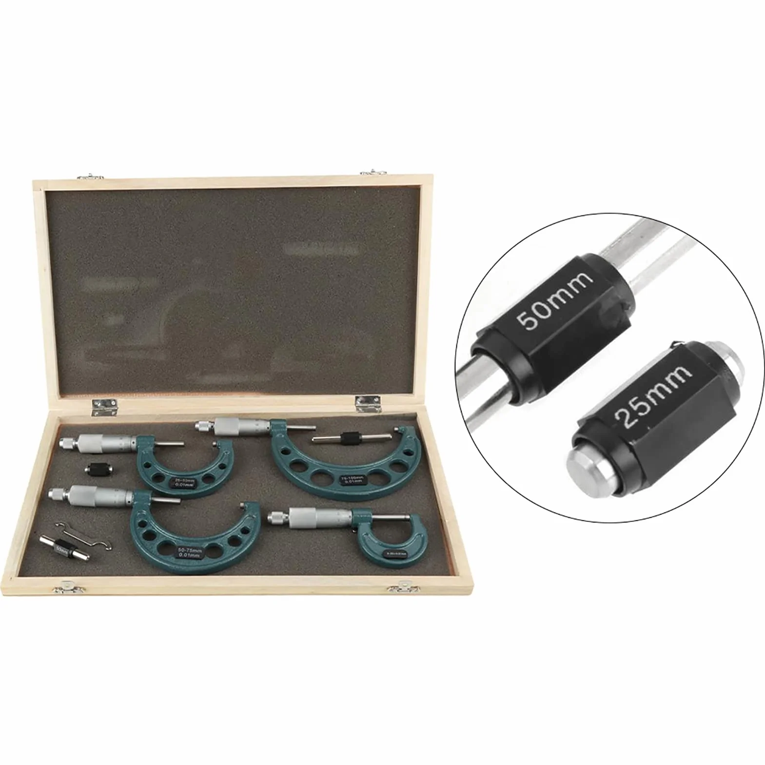 Juego de Micrómetro Exterior Métrico 4 Piezas 0-100 Mm con Estuche