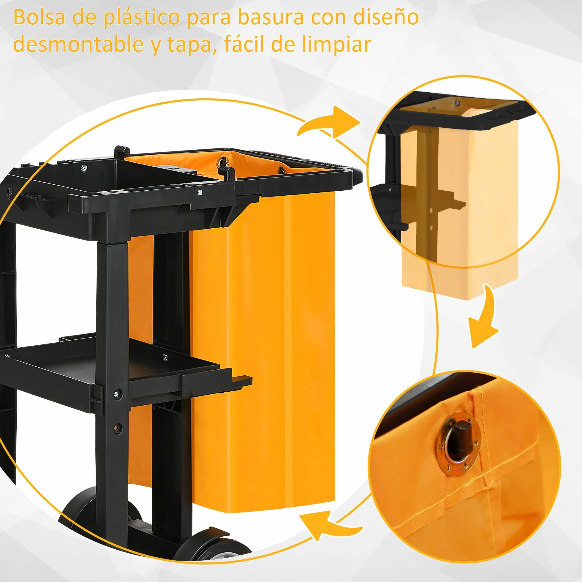 HOMCOM Carro de Limpieza con Bolsa 100L Profesional y Multifuncional para Colectividades Hotel Hostal con 3 Bandejas y 1 Plataforma 121x50,5x96,5 cm Negro y Amarillo