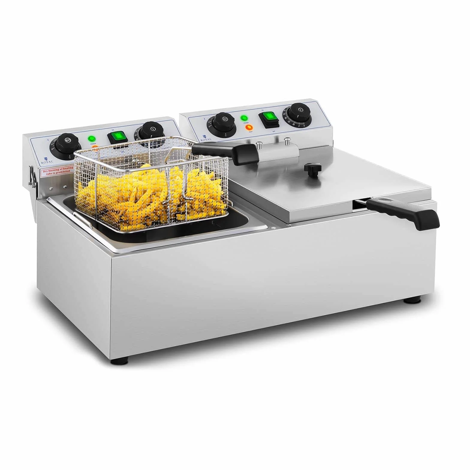 Royal Catering Freidora Eléctrica Doble Para Hostelería 2 x 10 Litros 230 V RCTF 10DB (2 x 3.200 W, Temporizador 60 Min, Temperatura: 50-200 °C)