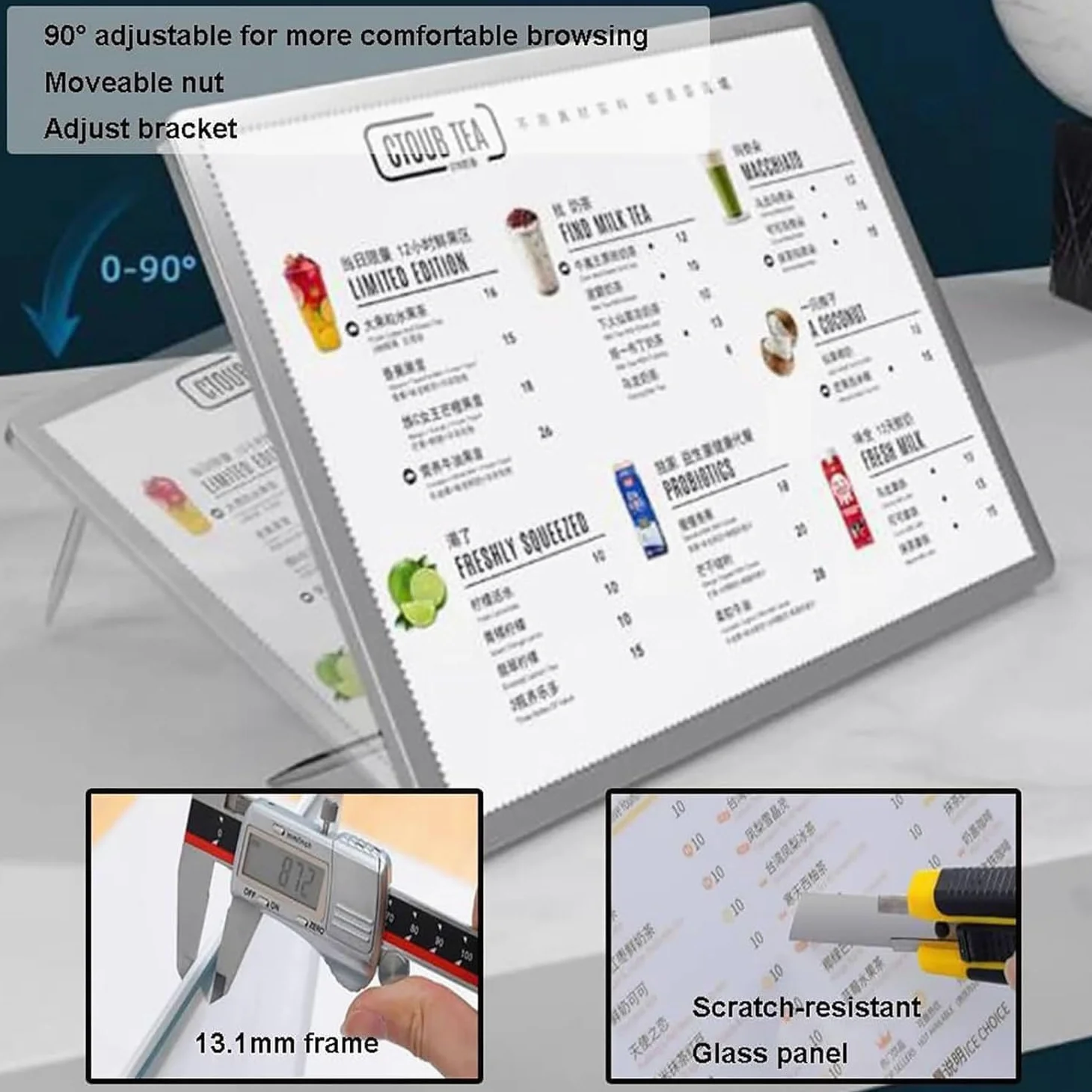 Marco de póster de caja de luz LED, pantalla luminosa para tablero de menú con soporte de metal para publicidad de restaurante, soporte de menú de escritorio, 297 x 420 mm