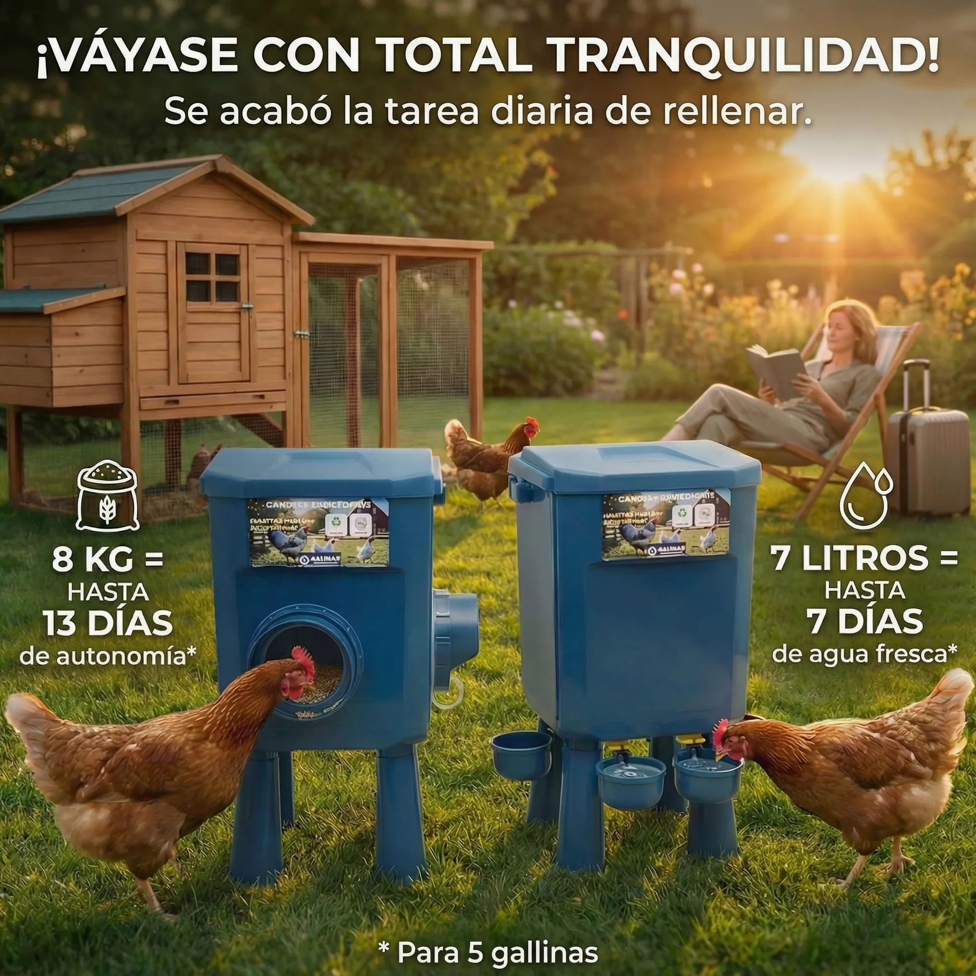 Kit Comedero y Bebedero para Gallinas 8KG/7L – Antiparasitario, Válvula Automática, Anti-Cianobacterias, Ideal para Microgranjas y Criadores Aficionados, Autonomía Prolongada, Reduce Recargas