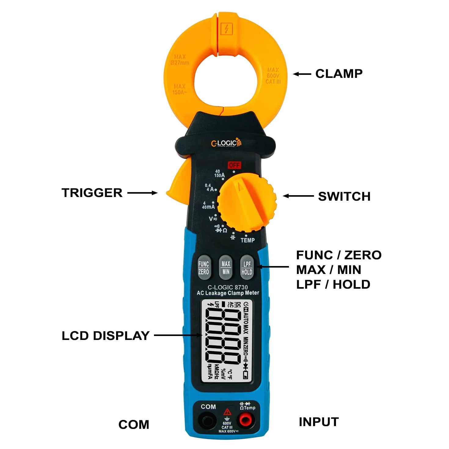 C-LOGIC 8730 Pinza de Fugas de Corriente AC 150A TRMS y Filtro Paso Bajo (LPF) Tension AC/DC 600V Resistencia Capacitancia Temperatura Rango AUTO CAT. III 600V