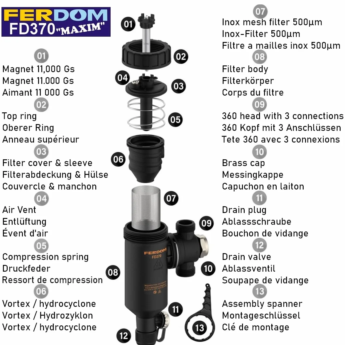 FERDOM FD370 MAXIM 1" (DN25) Filtro Magnético/Hidrociclón Para Sistemas De Calefacción. Imán 11000Gs. Separador De Partículas No Magnéticas - Acero Inoxidable 1000µm. Máx.50kW. 3 conexiones/rotación a