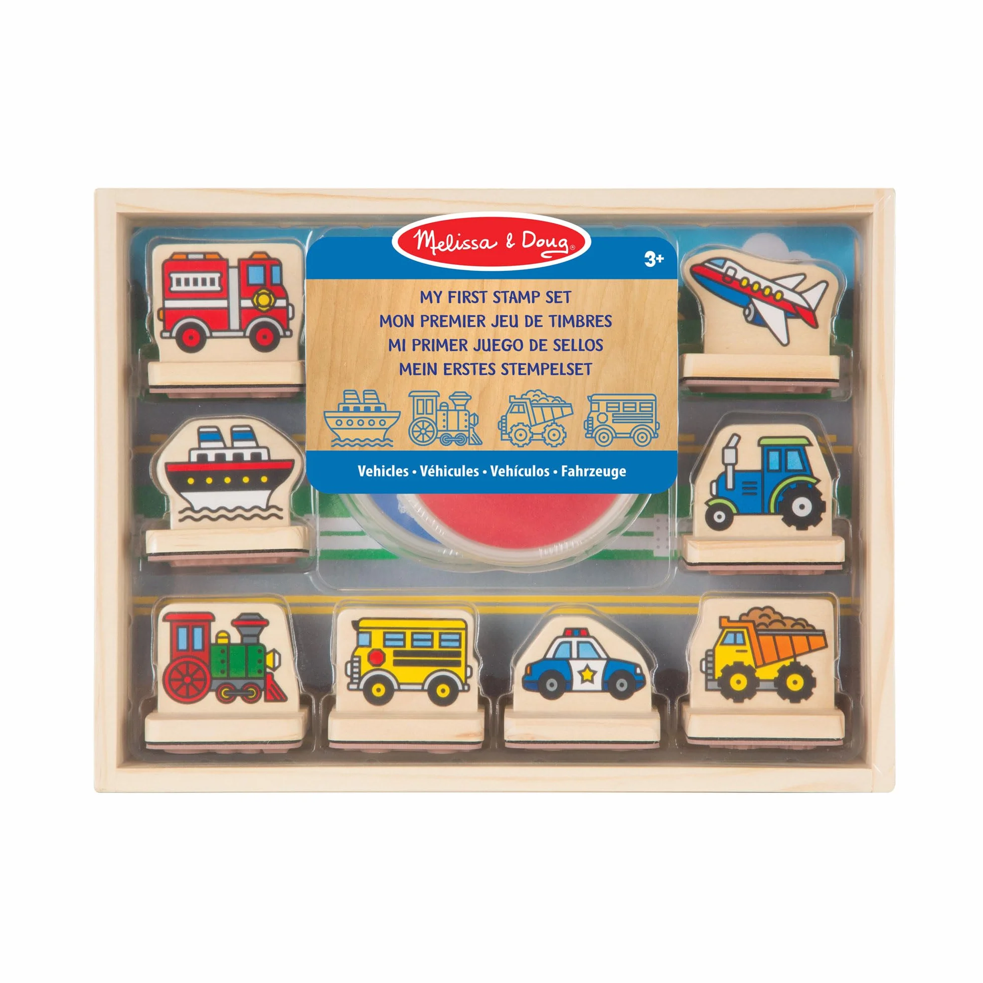 Melissa & Doug Mi Primer Juego de Sellos Infantiles de Madera Coche de Policia Bomberos Tractor 2 Almohadillas de Tinta Manualidades Regalo Niño 3 años+
