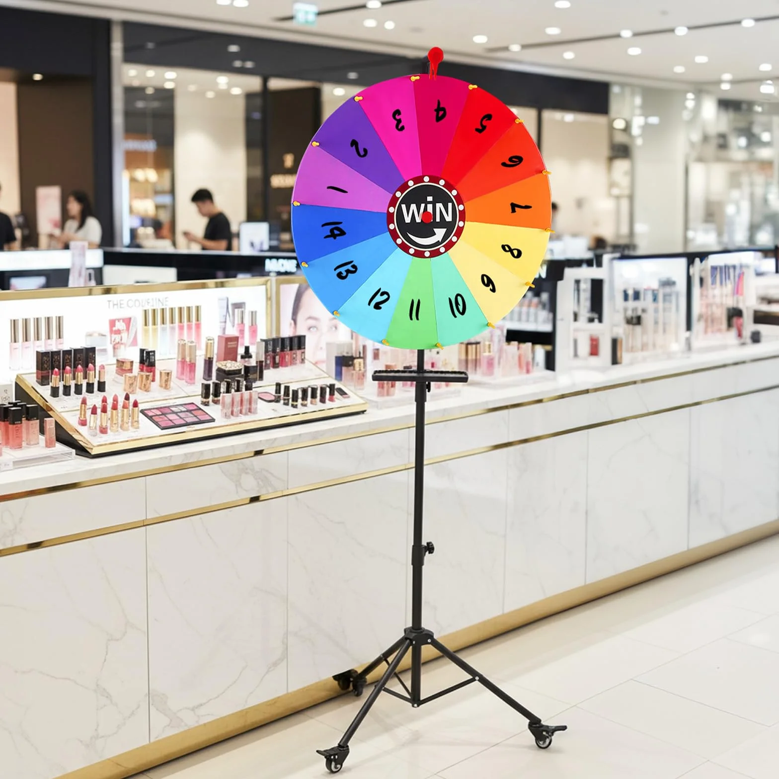 Rueda de la fortuna 60 cm con soporte 165 cm, 14 ranuras coloridas, ruleta de premios para carnaval