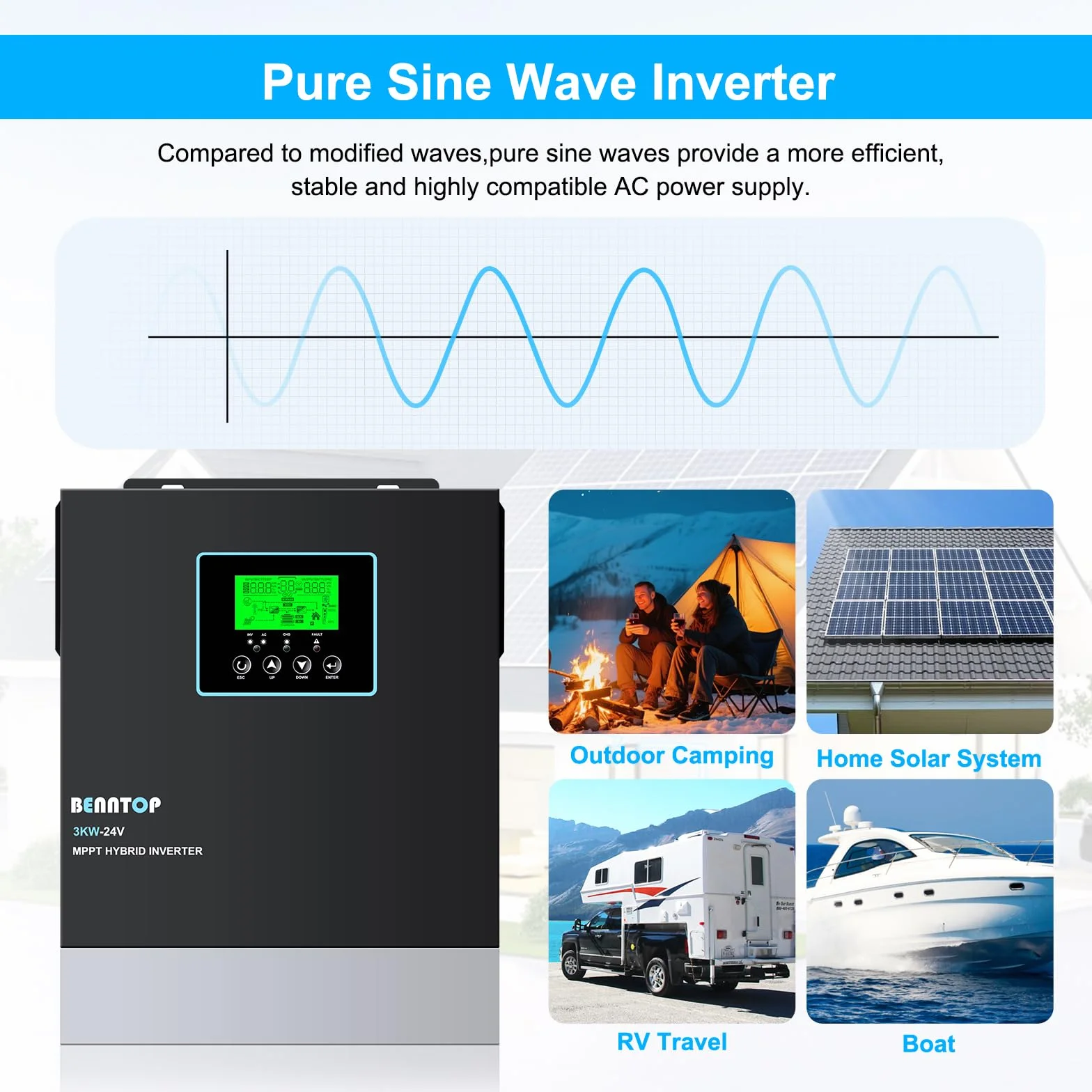 3000W Solar Inversor híbrido 24V a 230v 220v Onda Pura Off-Grid Inversor, con Controlador de Carga Solar MPPT de 80A Incorporado, MAX.PV 400Vdc,admite baterías de Plomo-ácido y Litio