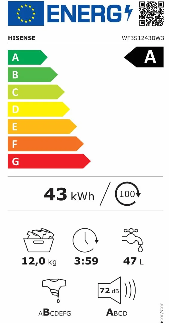 Hisense WF3S1243BW3 Lavadora 12 Kg 1400 RPM 19 Programas PureJet Blanco