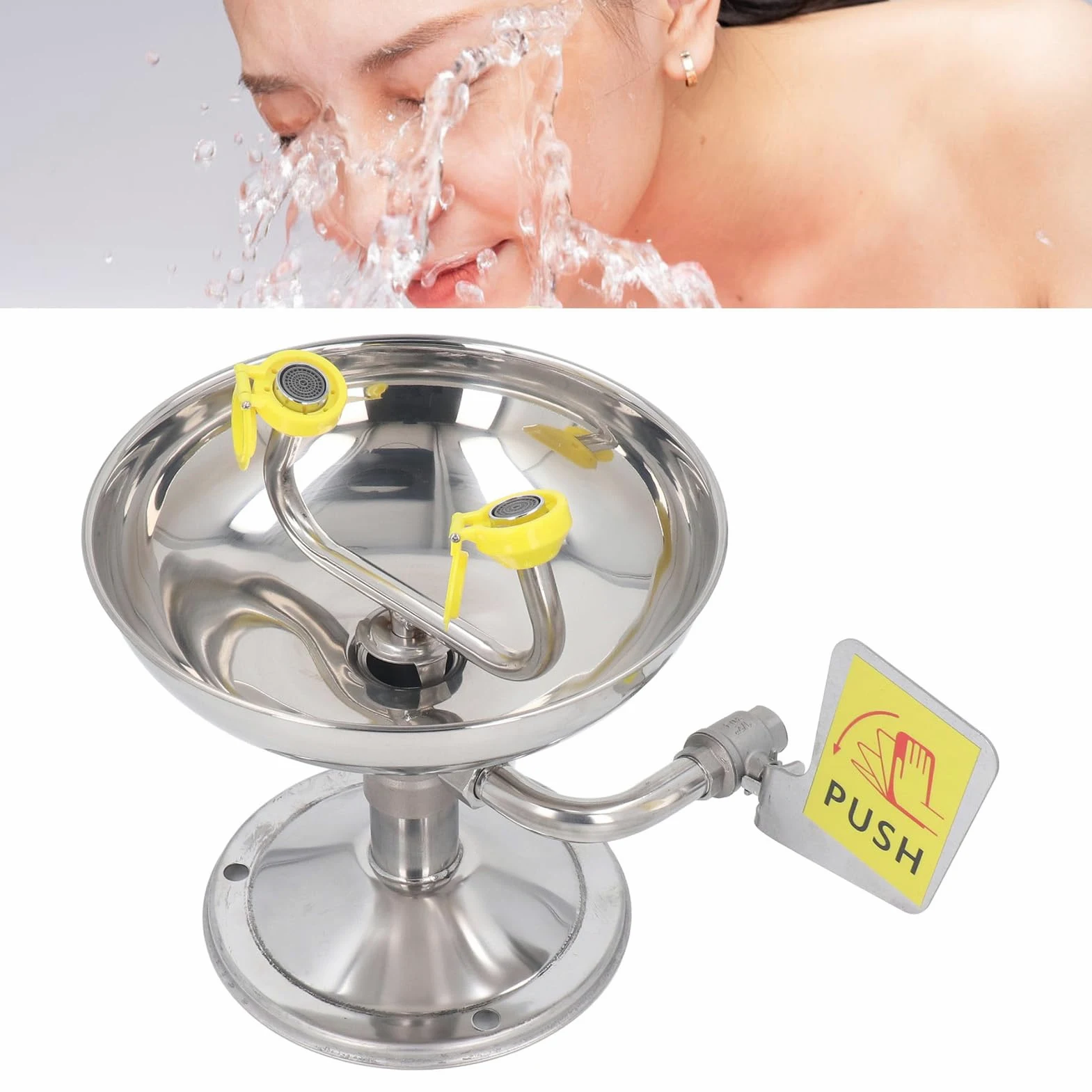 FTVOGUE Lavaojos de Acero Inoxidable 304 | Estación lavaojos de emergencia montada en la pared para fregadero con boquillas dobles y cubiertas antipolvo para
