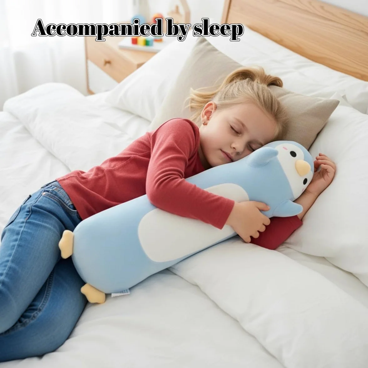 Peluche Largo de Pingüino Almohada Abrazable Suave Cojín Corporal 60cm Regalo Niños Niñas Azul Claro