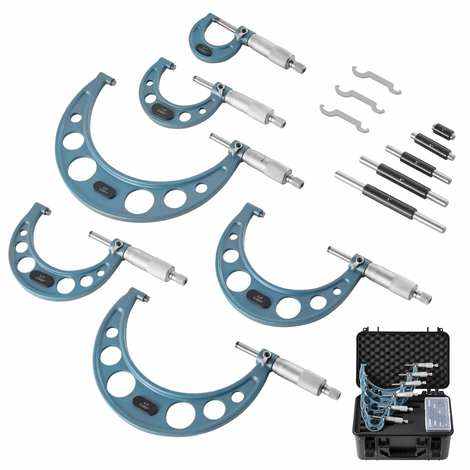 VEVOR Juego de 6 Micrómetros para Maquinista 0-15,24 cm, Precisión de 0,003 mm, Diseño Mecánico, Herramientas Profesionales con Estuche Protector, para Metalurgia e Ingeniería, 270 x 140 x 22 mm