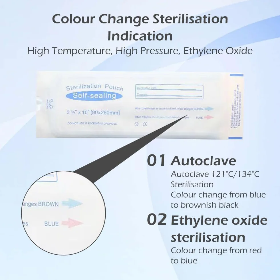 Bolsas Autoadhesivas para Esterilización 90x260mm 100pcs Autoclave Desechables PVC