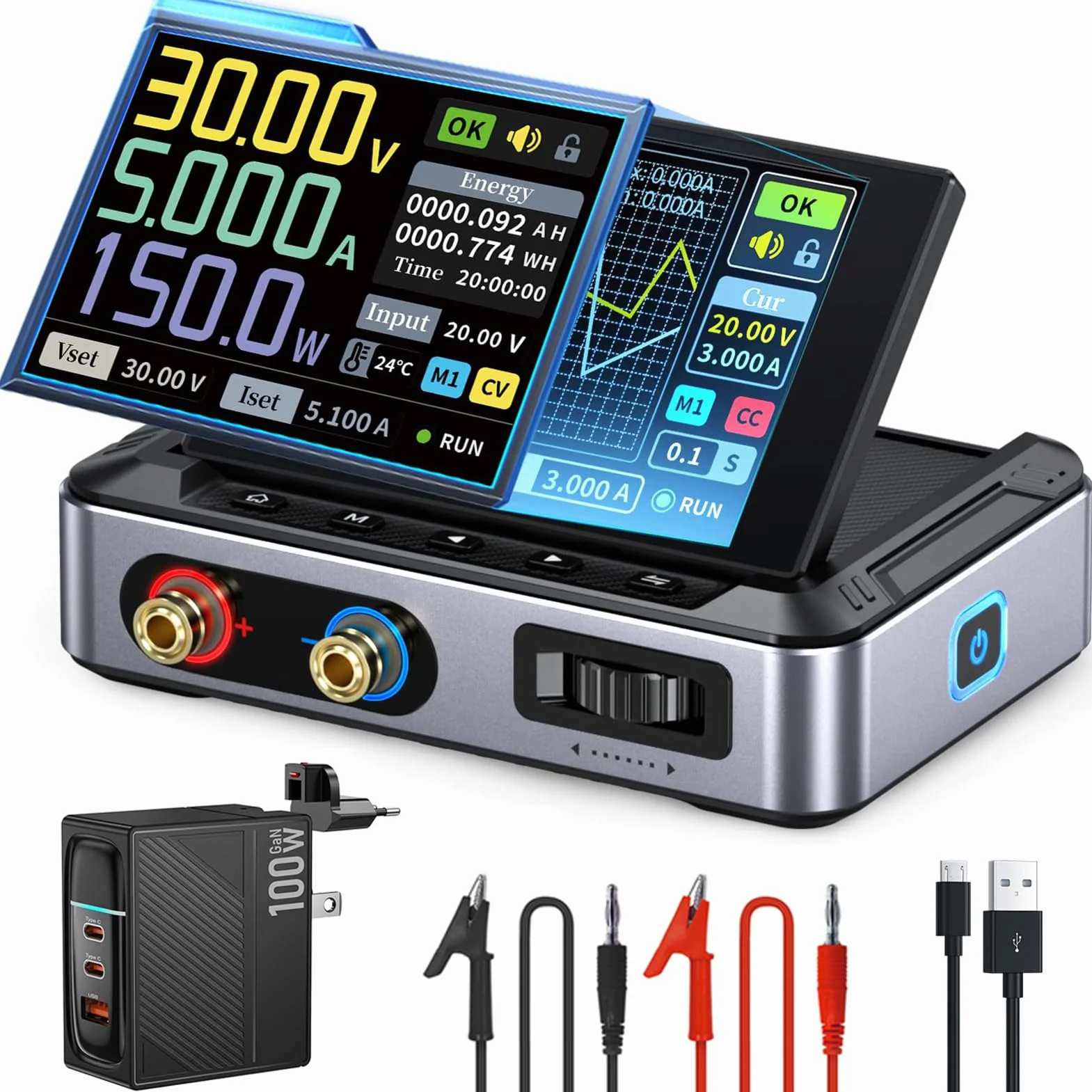 Fuente de Alimentacion Regulable,DPS-150 30V 5A CNC DC Adjustable Power Supply con 4 Dígitos IPS Display, Power Ripple <20mV PD/QC/DC Input PC programable Switching Power Supply