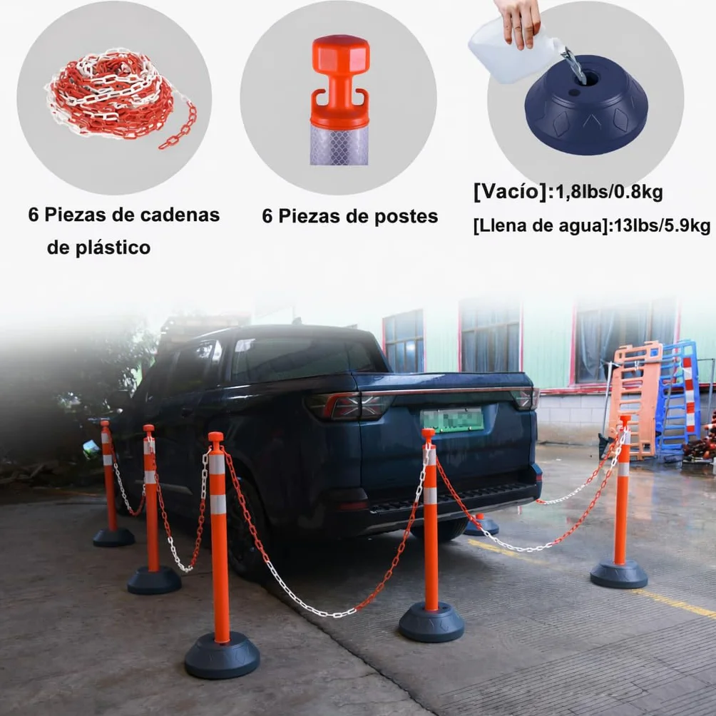 Juego de 6 Postes de Control de Multitudes de 102 cm con Cadenas de Plástico y Base Rellenable para Control de Estacionamiento y Multitudes (Rojo y blanco)