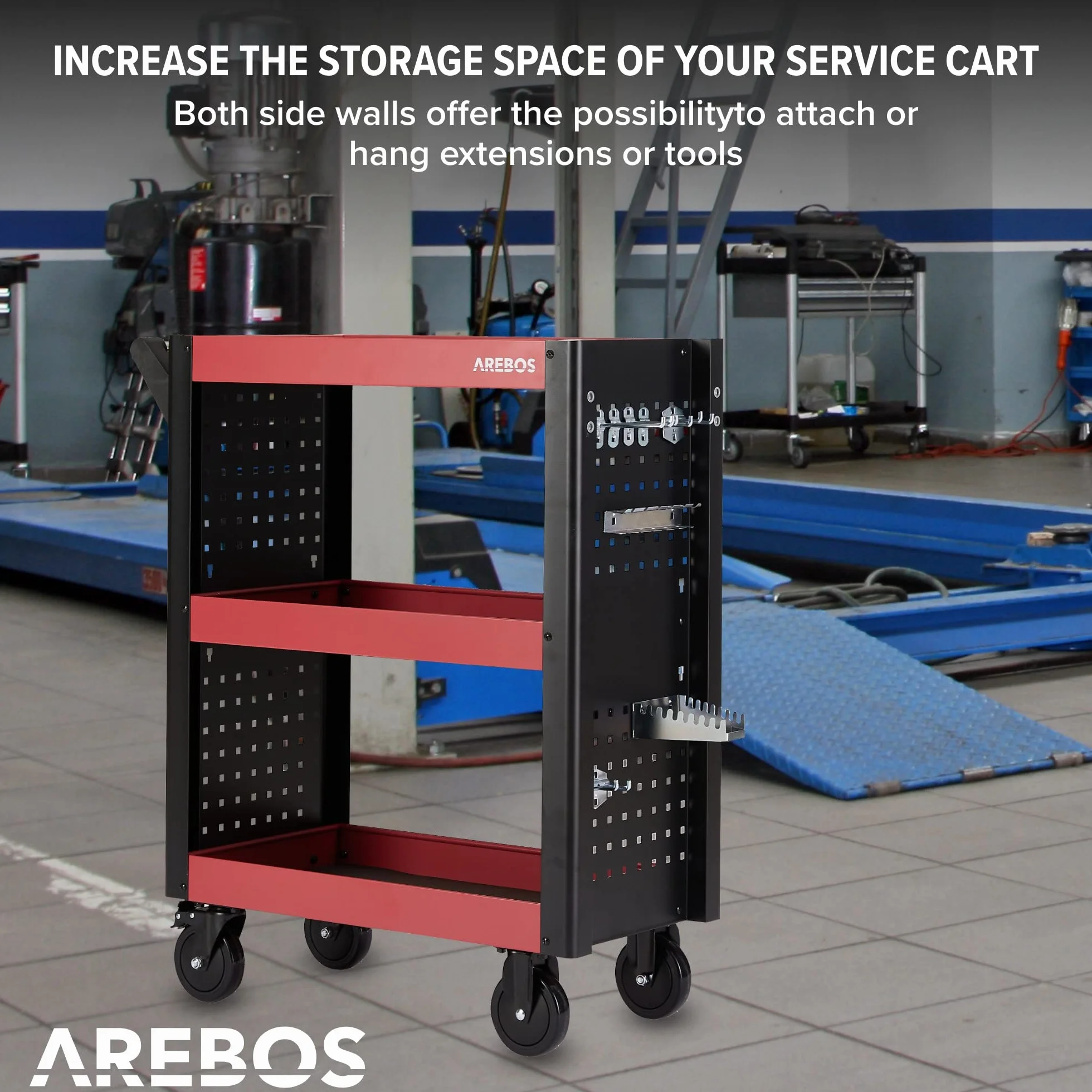 Arebos Carro de Servicio Multifuncional | 3 Compartimentos | Taller, Herramientas, Transporte y Almacenamiento | Estanterías Multiuso | Rojo/Negro