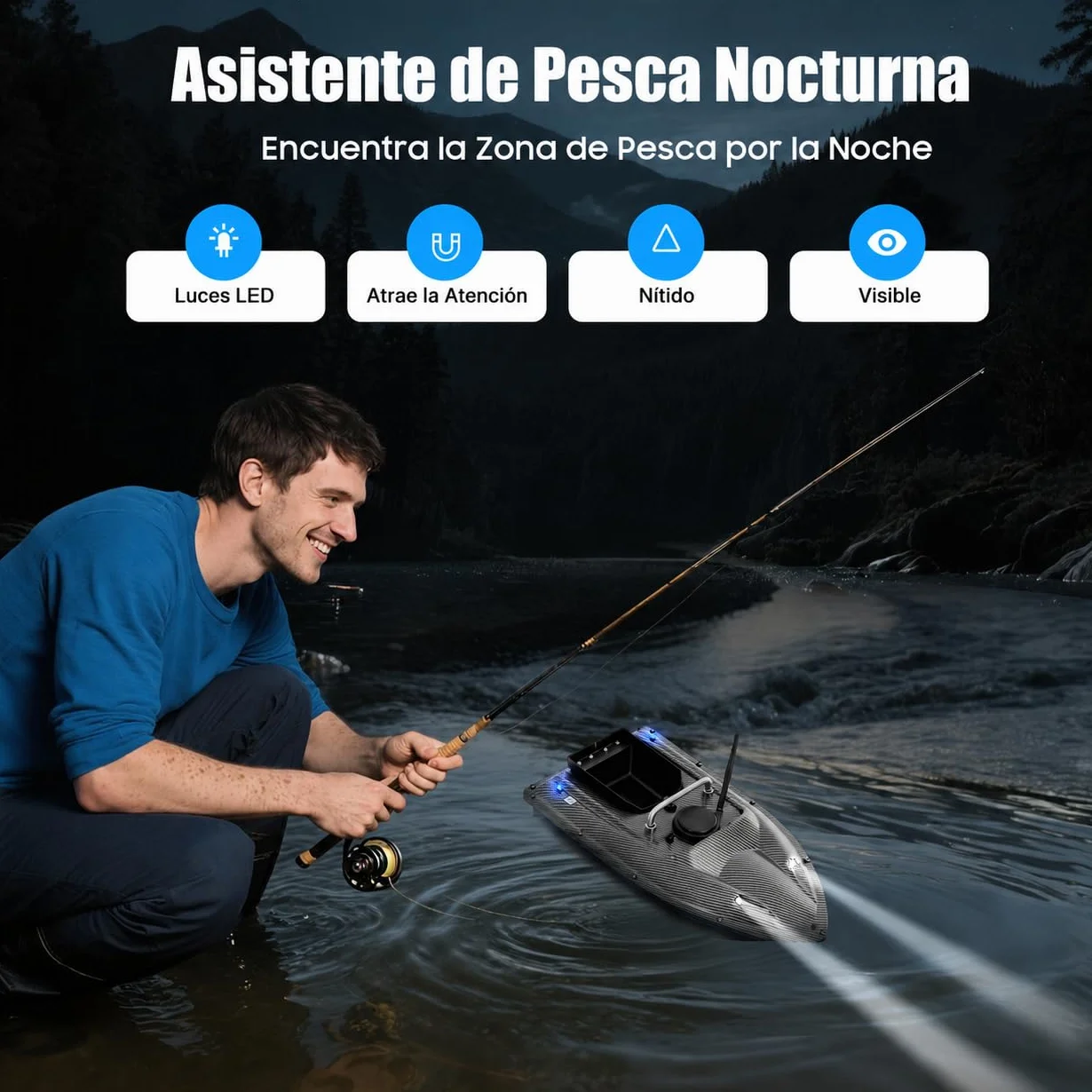 Barco cebador de pesca controlado a distancia 500m LED 1.5KG gran contenedor de cebo