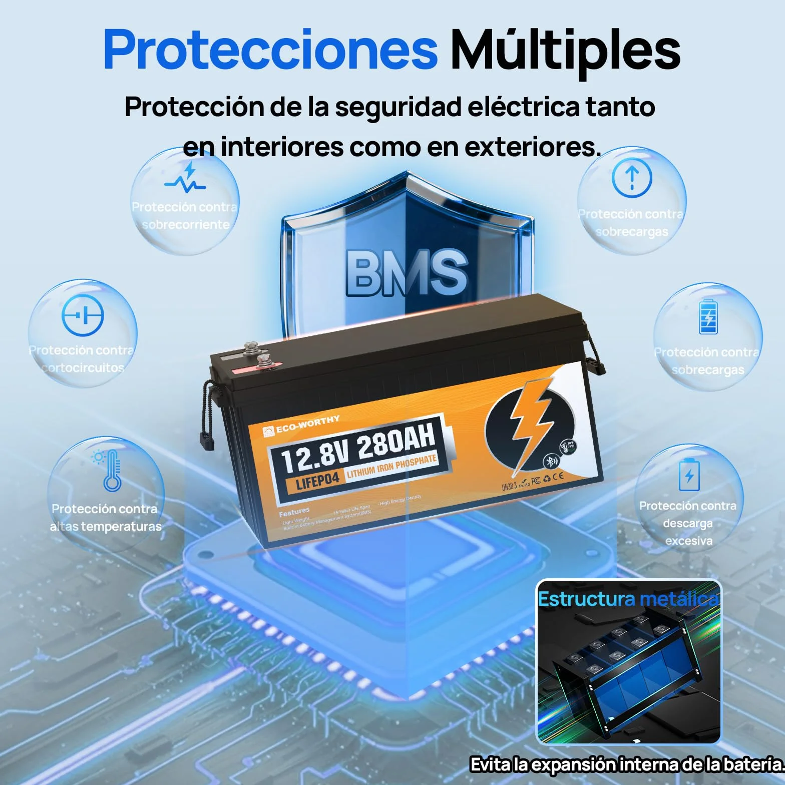 ECO-WORTHY Bateria Litio 12V 280Ah Bluetooth Lifepo4 BMS 15000 Ciclos 3584Wh