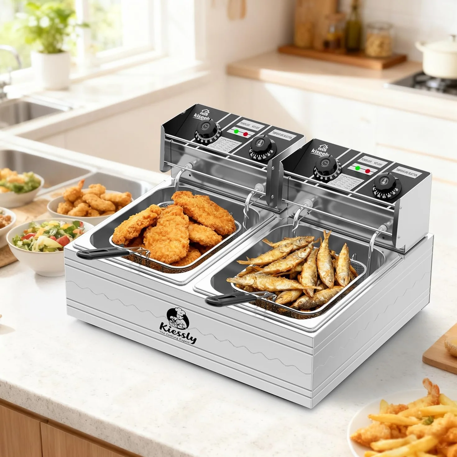 Freidora eléctrica de 20L, freidora comercial de 3500W con cestas y tapas, freidora de cocina de acero inoxidable con doble tanque y control de tiempo y temperatura (Freidora doble de 20L)