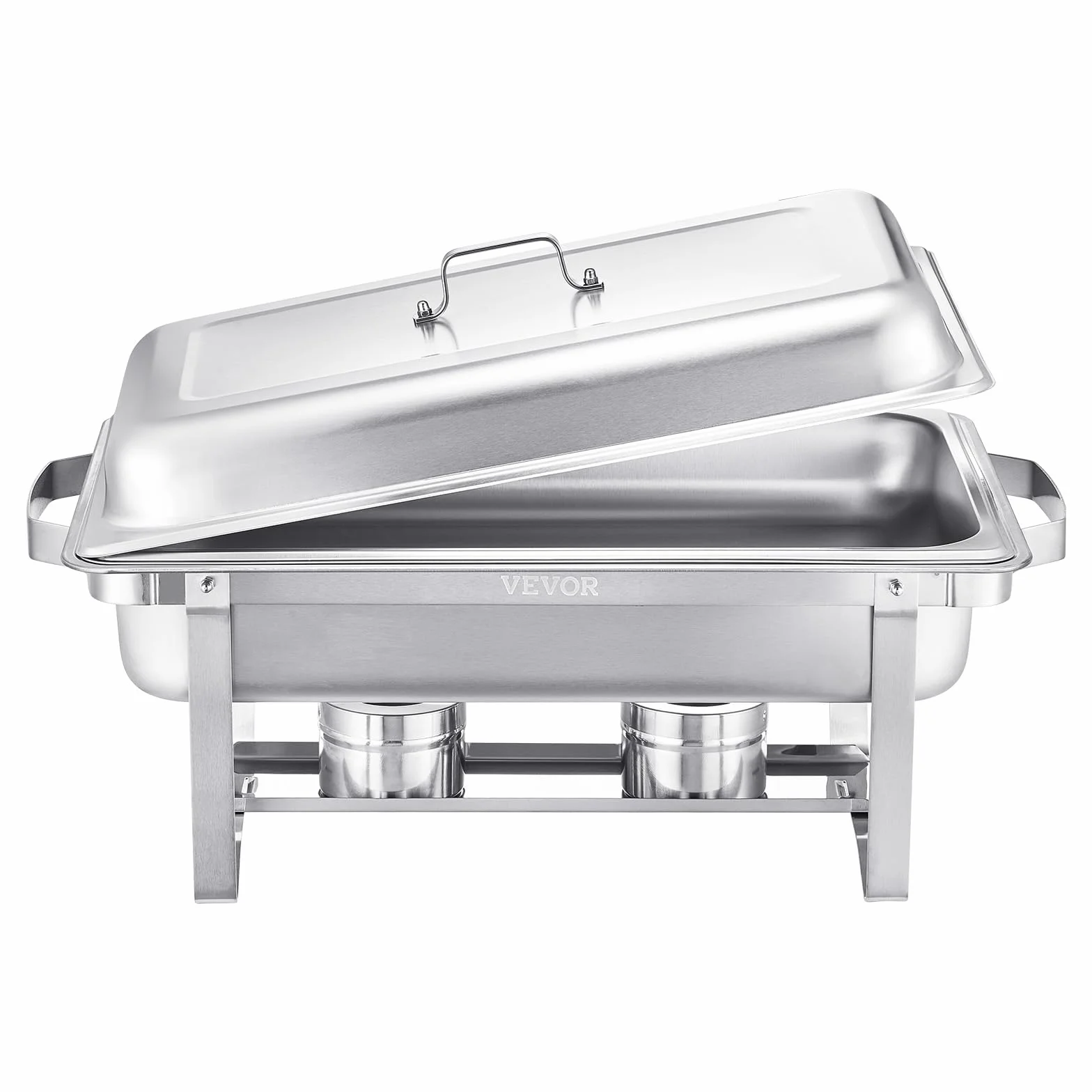 VEVOR Plato para Calentar Alimentos Acero Inoxidable con 6 Sartenes de Tamaño Completo(7,5 L), Rectangular, para Catering con Tapa y Soporte para Bandeja de Agua y Depósito de Combustible, Plata