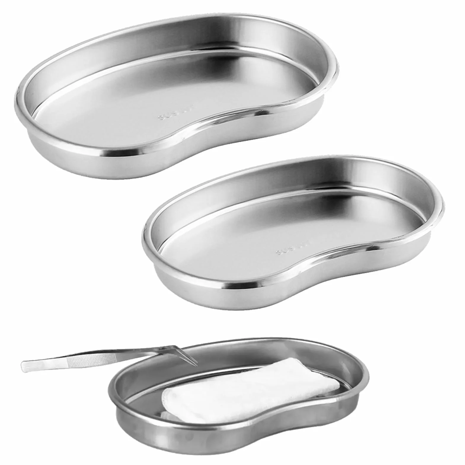 Bandeja de riñón de acero inoxidable, 2 piezas, bandeja curva reutilizable, organizador de baño, herramienta de tatuaje