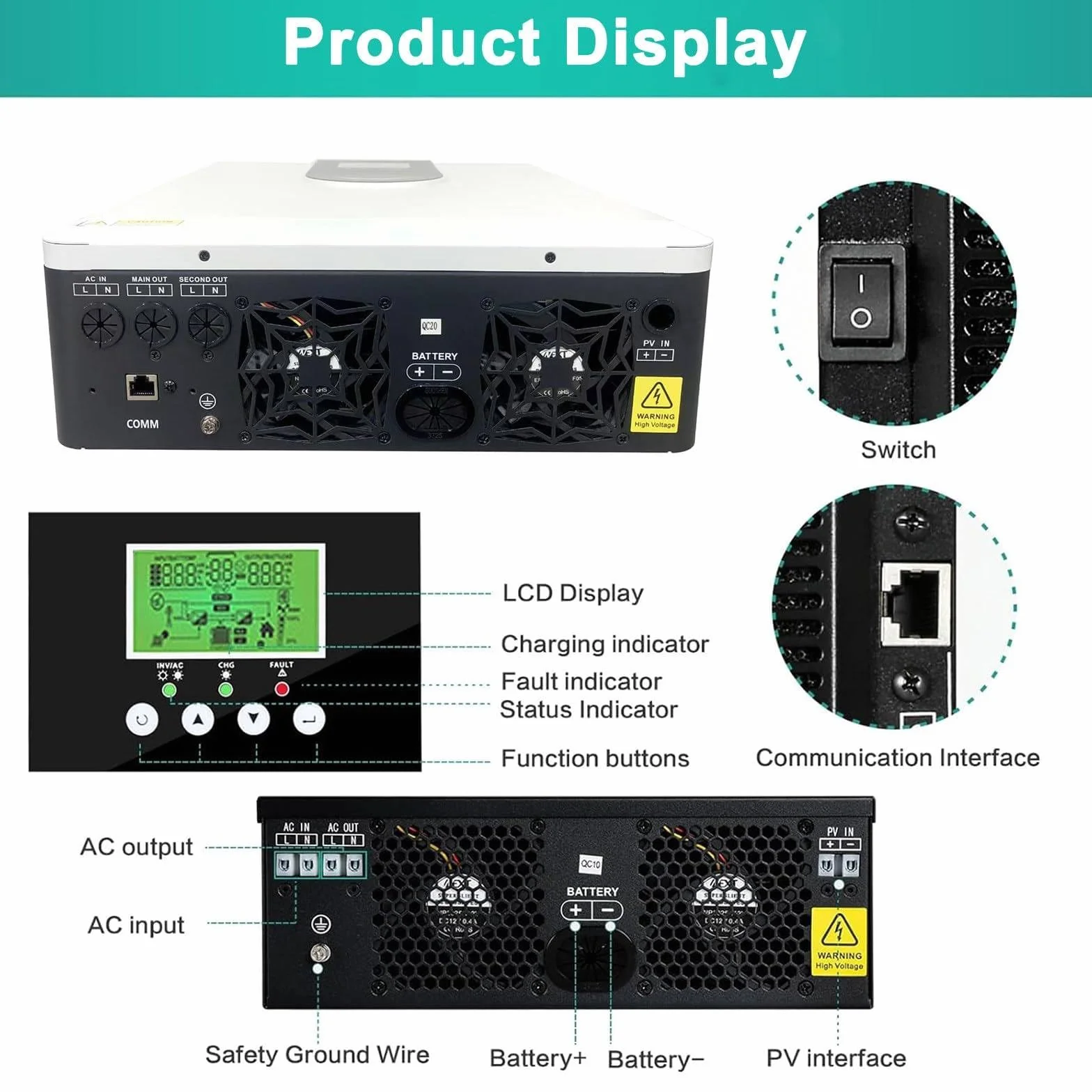 Inversor solar híbrido de 2000 W y 3200 W, inversor de onda sinusoidal pura para el hogar, 12 V, 24 V-220 V, con controlador de carga solar MPPT de 80 A, cargador híbrido para autocaravanas y casas