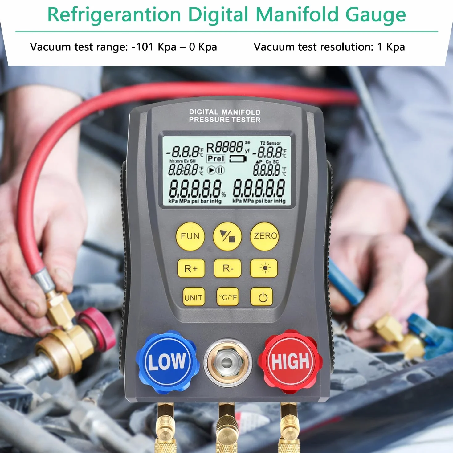 RSFIL Medidor de presión Refrigeración Digital Vacío Presión Colector Probador Medidor Calefacción Ventilación y Aire Acondicionado Probador de Temperatura Válvulas Kit de Herramientas