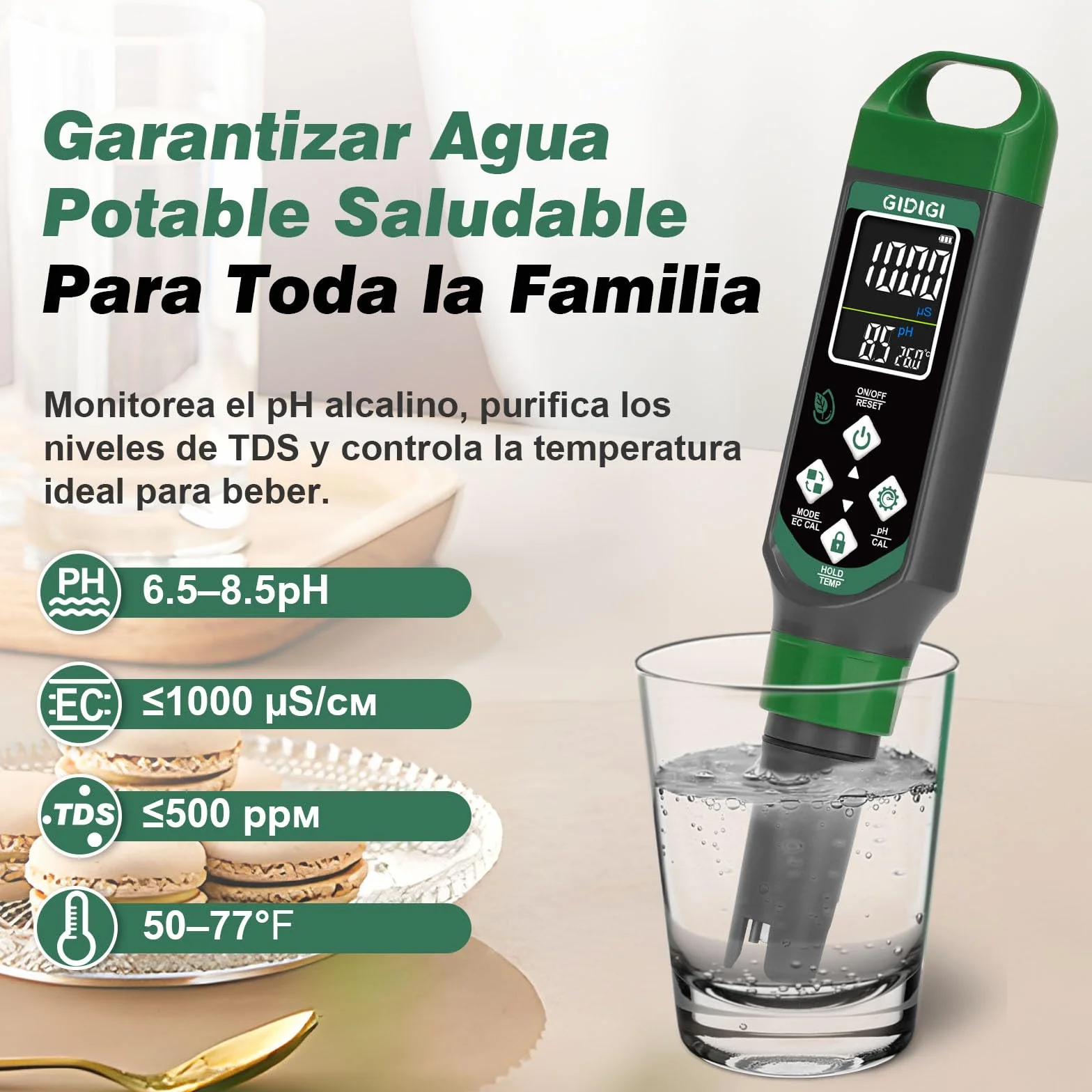 Medidor de pH y PPM 4 en 1 EC TDS TEMP con Pantalla a Color para Hidroponía Piscinas Cerveza