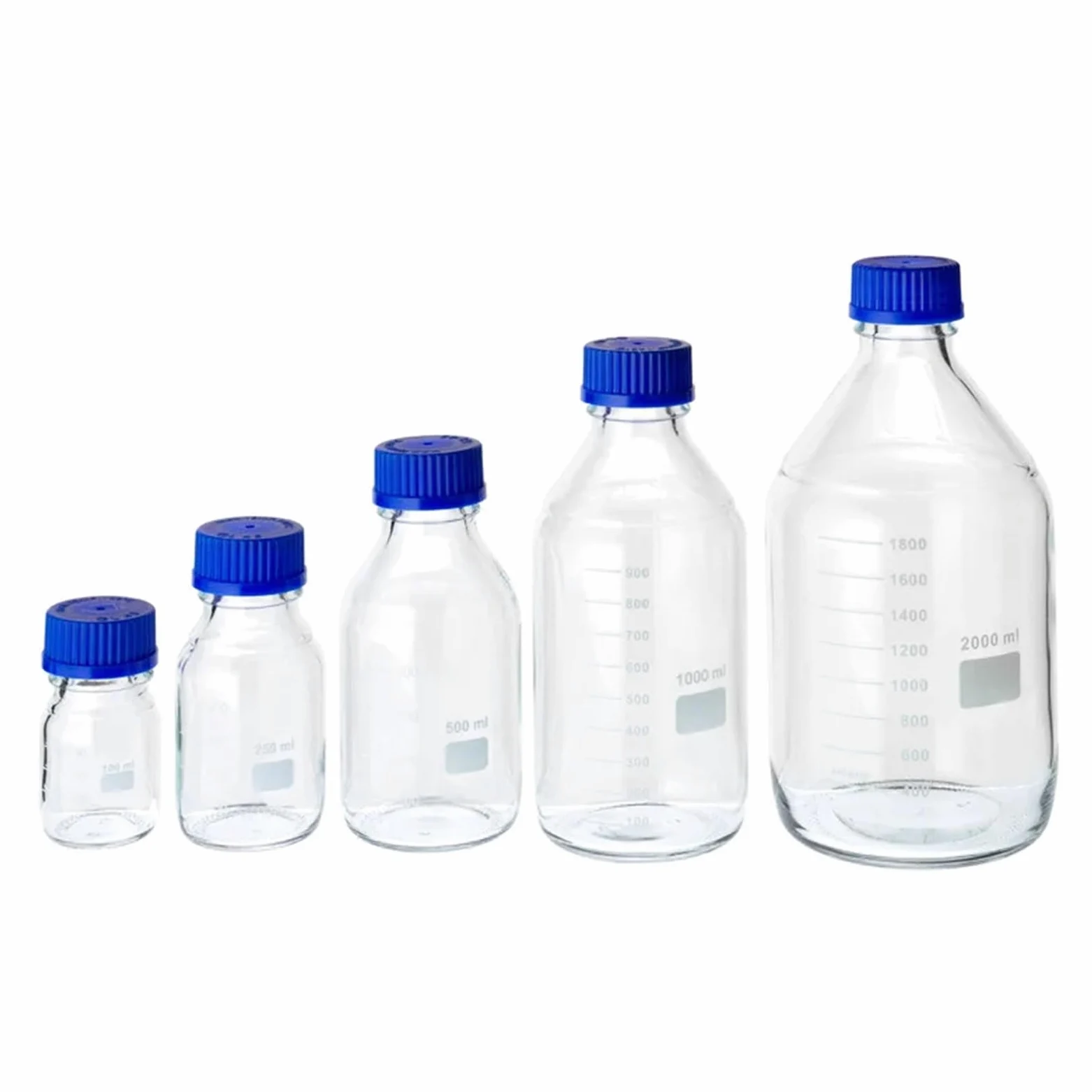 Botella de reactivo de vidrio de borosilicato de laboratorio transparente de 100ml 250ml 500ml 1000ml con tapa azul de tornillo