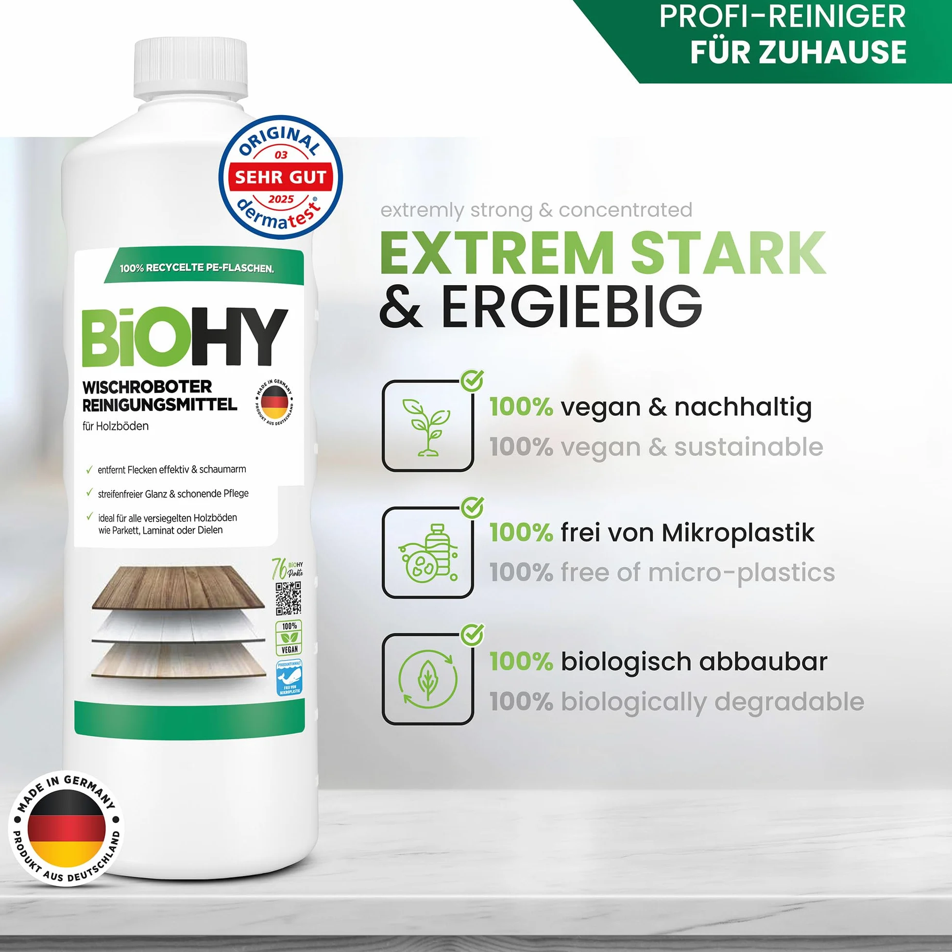 BiOHY Detergente robot de limpieza (9 botellas de 1 litro) + Dosificador | Limpiador para los suelos de madera | parquet y laminado | Concentrado con fragancia fresca (Wischroboter Holz)