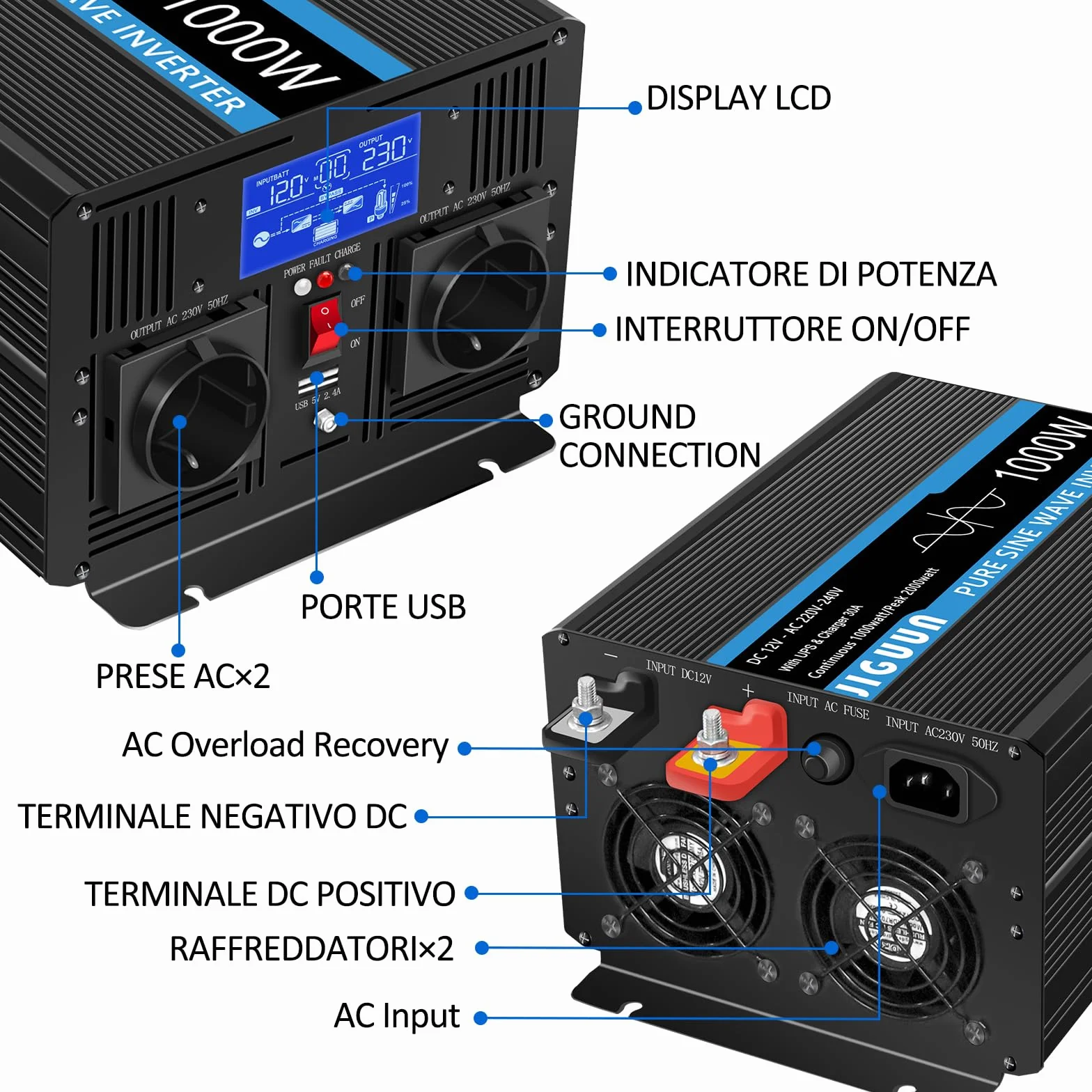 JIGUUN 1000W Inversor 12V 220V Onda Pura Inverter con Cargador 30A y Circuito Prioritario de Red y SAI，2 Tomas UE, Mando a Distancia Inalámbrico y Pantalla LCD Potencia Pico 2000W